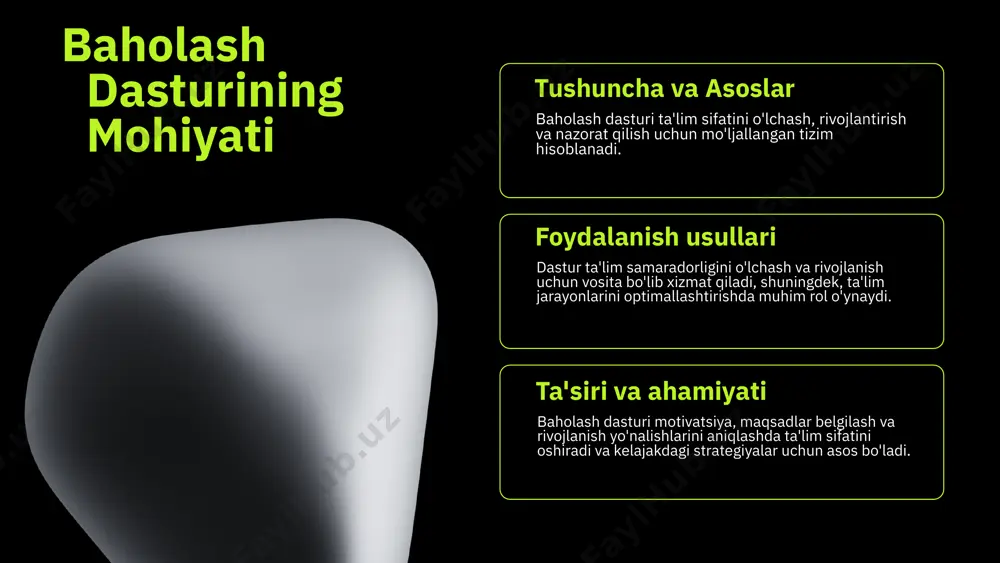 lil qilishda yordam beradi. dasturdan foydalanish ta'lim samaradorligini oshiradi, metodlarni takomillashtiradi va o'quvchilarning bilim darajasini baholash imkonini beradi. kelajakda baholash dasturi dasturning kelajak istiqbollari ta'lim sifatining oshishini ta'minlash uchun yangi texnologiyalar va metodlarni joriy etishni nazarda tutadi. innovatsiyalar, masalan, sun'iy intellekt va ma'lumotlar tahlili yordamida baholash jarayonlari yanada aniq va shaffof bo'lishi mumkin. o'zbekiston ta'limida yangi imkoniyatlar kengaymoqda: onlayn baholash platformalari, mobil ilovalar va individual yondashuvlarni rivojlantirish orqali ta'lim sifatini oshirishga intilmoqda. bu esa, yoshlar uchun keng imkoniyatlar va raqobatbardosh kadrlar tayyorlash imkonini yaratadi. kelajakda baholash dasturi ta'lim tizimining asosiy qismi sifatida, mahalliy va xalqaro standartlarga muvofiq ravishda, shaxsiy va ijtimoiy rivojlanishni ham hisobga olgan holda, rivojlanadi. bu esa, ta'lim samaradorligini oshirishda muhim rol o'ynaydi. 1 2 3 talis dasturining ta'lim sifatiga ta'siri talis dasturining ta'lim sifatini oshirishdagi roli talis dasturi ta'lim sifatini oshirishda pedagoglar, o'qitish metodlari va muhitni baholash orqali jarayonni yaxshilashga yordam beradi. bu xalqaro miqyosda ta'lim sifatini …