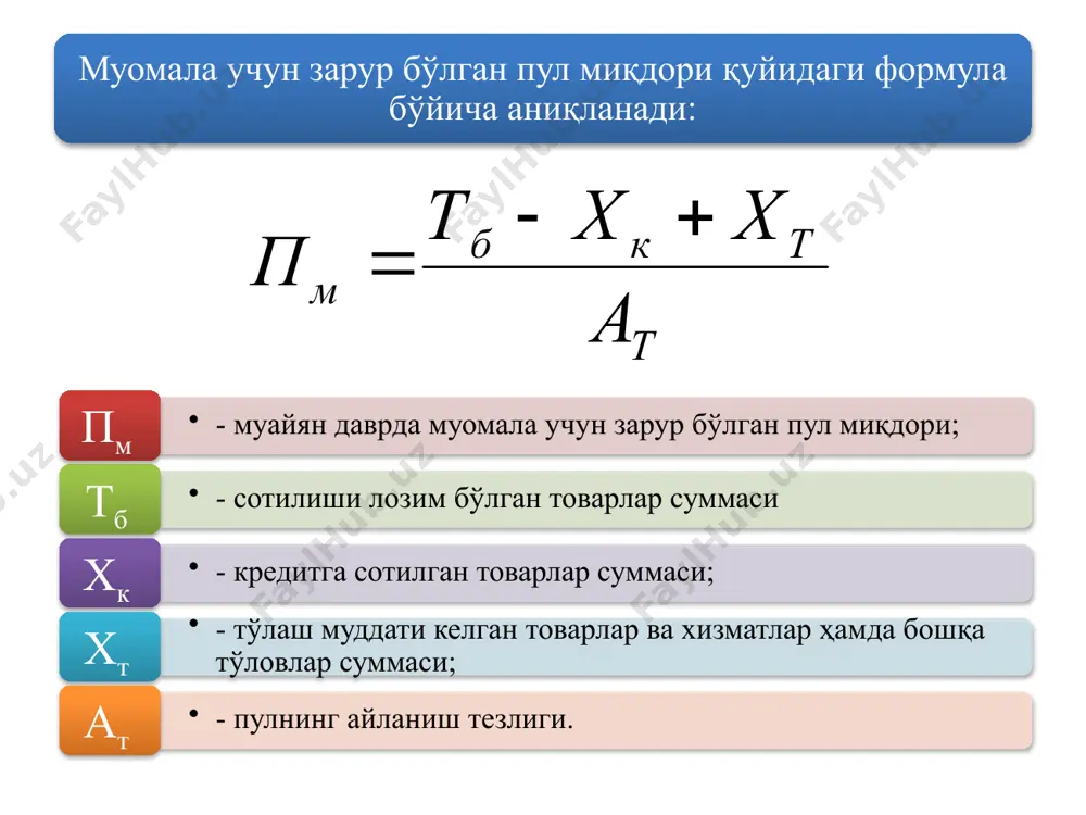 топади; 3) бардошли чет эл валюталарига нисбатан – бу чет эл валюталарига нисбатан миллий пул курсининг тушиб кетишида ўз ифодасини топади. нархлар индекси жорий даврдаги истеъмол нархларини базис даврдаги истеъмол нархларига нисбати орқали аниқланади: ни – нархлар индекси; тнж – жорий даврдаги истеъмол товарлари нархи; тнб – базис даврдаги истеъмол товарлари нархи. нархлар ўзгаришини ҳисобга олиш қамровига кўра нархлар индексининг қуйидаги турларини ҳисоблаш мумкин: - истеъмол нархлари индекси; - улгуржи нархлар индекси; - нархлар индекси – яим дефлятори; - экспорт ва импорт нархлар индекси. инфляция суръати = 20 масалан, истеъмол товарларининг нарх индекси 2008 йилда 112,6% га, 2007 йилда 116,8% га тенг бўлса, инфляция суръати қуйидагича бўлади: ис – инфляция суръати тнж – жорий даврдаги истеъмол товарлари нархи; тнб – базис даврдаги истеъмол товарлари нархи. 21 талаб инфляцияси нарх даражасининг анъанавий ўзгариши жами талаб ортиқчалиги билан тушунтирилади. иқтисодиётнинг ишлаб чиқариш соҳаси маҳсулотнинг реал ҳажмини кўпайтириб, ортиқча талабни қондира олмайди. чунки …
