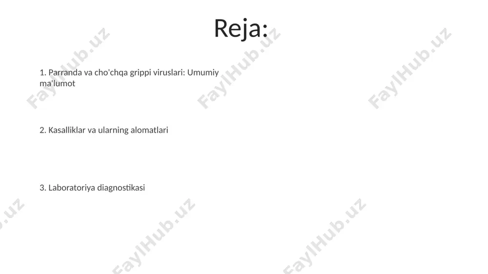 ga, ammo ularning genlarining 50% dan kamrog'i bir-biriga o'xshash. viruslarni aniqlash usullari: virusologik tekshiruvlar pcr (polymerase chain reaction) usuli virusning genetik materialini ko'paytirish orqali juda oz miqdordagi virus namunalarini ham, masalan, 10-100 virus zarrachasini aniqlash imkonini beradi. viruslarni aniqlashda elisa (enzyme-linked immunosorbent assay) testi keng qo'llaniladi va antijen yoki antitanalarni aniqlash orqali yuqori sezuvchanlik bilan 95% dan yuqori aniqlikni ta'minlaydi. cho'chqa grippi virusining xususiyatlari va kasalliklari cho'chqa grippi virusi a(h1n1)pdm09 kabi subtiplarga ega bo'lib, odamlarda yuqumli kasalliklarni, masalan, og'ir nafas olish yetishmovchiligiga olib kelishi mumkin va 2009 yilda pandemiyani keltirib chiqargan. virusning yuqish yo'llari asosan havo tomchilari orqali bo'lib, inkubatsion davri 1-7 kunni tashkil etadi va simptomlari grippga o'xshash: isitma, yo'tal, burun bitishi va mushak og'rig'i. viruslarni aniqlash usullari: serologik tekshiruvlar immunofluoresensiya tekshiruvi (ift) to'qimalarda yoki hujayralarda virus antigenlarini aniqlash uchun qo'llaniladi va natijalar 24-48 soat ichida olinadi. serologik testlar, masalan, elisa (fermentativ immunobiriktiruvchi tahlil) yordamida virusga qarshi antitellarni aniqlash …