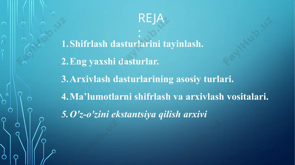 i disklarga nusxalash vaqtini qisqartiradi, ma'lumotlarni ruxsatsiz kirishdan himoya qiladi va kompyuter viruslari infektsiyasidan himoya qiladi. siqish nisbati ishlatiladigan siqish dasturiga, siqish usuliga va manba fayl turiga bog'liq. eng yaxshisi grafik tasvirlarning siqilgan fayllari, matnli fayllar, ma'lumotlar fayllari bo'lib, ularning siqilish nisbati 5 - 40% ga etishi mumkin, bajariladigan dasturlarning fayllari va yuk modullari kamroq siqiladi - 60 - 90%. arxiv fayllari deyarli siqilmaydi. arxivlash dasturlari ishlatiladigan siqish usullarida farqlanadi, bu esa mos ravishda siqish nisbatiga ta'sir qiladi. arxivlash (qadoqlash) - manba fayllarni arxiv fayliga siqilgan yoki siqilmagan shaklda joylashtirish (yuklash). yechish (ochish) - arxivdan fayllarni arxivga yuklashdan oldingi holatini tiklash jarayoni. paketni ochishda fayllar arxivdan chiqariladi va diskda yoki ramga joylashtiriladi. arxivlash dasturlarining asosiy turlari. hozirgi vaqtda bir necha o'nlab arxivlash dasturlari qo'llaniladi, ular funktsiyalar ro'yxati va operatsion parametrlari bo'yicha farqlanadi, ammo ularning eng yaxshilari taxminan bir xil xususiyatlarga ega. eng mashhur dasturlar: zip (va uning modifikatsiyasi winzip), winrar, …