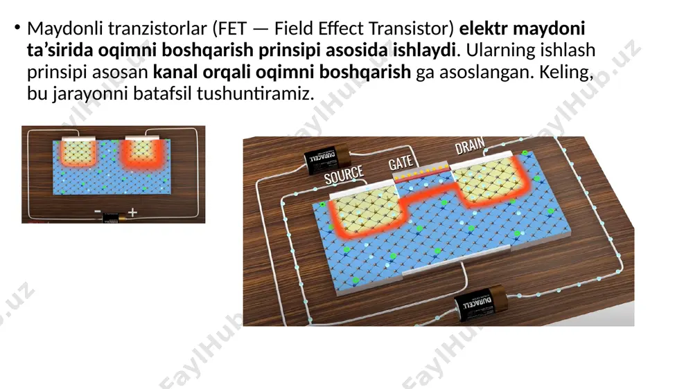 yasi deb ataladi va quyidagicha ketma-ketlikni o‘z ichiga oladi: 1. oxide deposition (oksid qoplama)silikon plastinka (wafer) yuzasiga izolyatsion oksid (masalan, sio₂) qatlami yotqiziladi.bu qatlam kelajakdagi tranzistor yoki metall bog‘lanishlar uchun asos bo‘ladi. 2. photoresist spin coat (fotorezist yotqizish)plastinka yuzasiga fotorezist — nurga sezgir suyuqlik yotqiziladi.bu suyuqlik keyinchalik kerakli joylarni yoritib, boshqa joylarni saqlab qolish uchun ishlatiladi. 3. photolithography (fotolitografiya)fotorezist qoplangan plastinka ultrabinafsha nurlar yoki euv yordamida yoritiladi.nur maxsus niqob (mask) orqali yuboriladi, niqob kerakli sxema shaklini hosil qiladi.yoritilgan joylar kimyoviy reaksiya orqali o‘z xususiyatini o‘zgartiradi. 4. photoresist develop (fotorezistni rivojlantirish)yoritilgan yoki yoritilmagan (pozitiv yoki negativ turiga qarab) fotorezist joylari maxsus eritma bilan yuvib tashlanadi.bu jarayon natijasida wafer yuzasida kerakli shakl paydo bo‘ladi. 5. etching (gravirovka qilish)ochiq joylardan oksid yoki metall qatlami kimyoviy yoki plazmali usulda o‘yib tashlanadi.bu jarayon kelajakdagi tranzistor, yo‘llar (interconnects) yoki kontaktlar uchun yo‘llarni tayyorlaydi. 6. photoresist removal (fotorezistni olib tashlash)jarayon tugagach, ortib qolgan fotorezist tozalanadi.endi wafer yuzasida …
