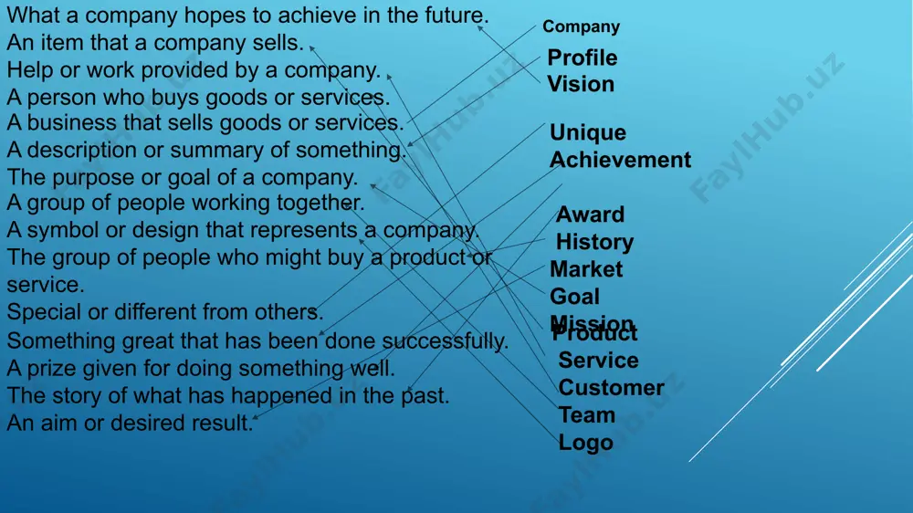 unding date: when the company was established. milestones: significant events in the company’s journey. 5.describe products or services: provide an overview of what the company offers, including key features and benefits. steps to create a company profile 6.highlight unique selling proposition (usp): explain what sets the company apart from competitors. 7.include target market: identify who the company serves, including demographics and market segments. 8.showcase achievements and awards: mention any accolades, certifications, or recognitions the company has received. steps to create a company profile 9.add team introduction: briefly introduce key team members, including their roles and expertise. 10.incorporate visuals : use images, infographics, or charts to make the profile more engaging. 11.keep it concise and clear: use simple language and avoid jargon to ensure the profile is easily understood. passive voice structure: subject + "to be" + past participle examples: "the company was established in 2010." "new products are developed every …