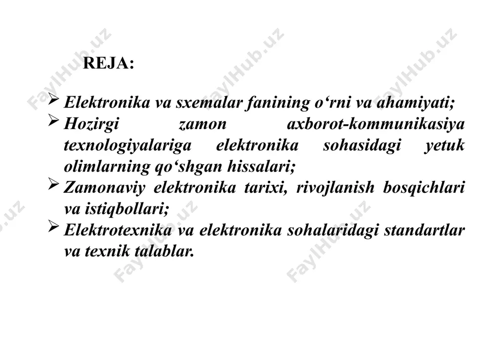 shmatov sh.t. raqamli mantiqiy qurilmalarni loyihalashtitish (darslik). toshkent .: «aloqachi», 2017y,396b. “telekommunikatsiya” tarmoqlarining shiddat bilan rivojlanib borishi, internet tarmog`ining hayotimizga kirib kelishi ilm-fan rivojiga katta ta’sir qildi. internet tarmoqlari orqali axborotlarni jadal suratda: axborotlarni uzatish; qabul qilish; qayta ishlash; xotiraga saqlash imkoniyati yaratilmoqda; ushbu murakkab qurilmalar elektrotexnik va elektron sxemalardan tashkil topgan. texnik uskunalarni yaratish; ishlatish; borayotgan jarayonni o‘rganish; elektr zanjirlarni tahlil etish; ushbu jarayonlarni hammasi ushbu fan orqali o‘rganiladi elektronika va sxemalar 1 fani elektronika va sxemalar 1 fanining maqsad va vazifalari fanni o‘qitishdan maqsadi - axborot va kommunikasiya texnologiyalarida ishlatiladigan sxemalar va elektron asboblar turlarini, xarakteristikalarini, ularning tuzilishi, ishlash mexanizimlari va ular yordamida yaratiladigan murakkab qurilmalarning texnologik va sxemotexnik xususiyatlarini o‘rganish masalalarini hamda ularni amaliyotda tatbiq etish ko‘nikmasini hosil qilishdan iborat. fanning vazifalari professional tayyorgarlikni ta’minlash, talabalarda elektr zanjirlari va elektronika nazariy asoslarini bo‘yicha bilimlarini oshirish; egallagan bilimlari muxandislik amalyotida qo`llash qobiliyatiga ega bo`lishni shakllantirish. kursning asosiy bo‘limlari …