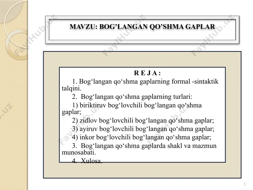 sitalar zidlov bog’lovchili qo’shma gaplar ammo, lekin, biroq, balki bog’lovchilari zidlov bog’lovchili qo’shma gap qismlarini bog’laydi. -u, -yu yuklamalari zidlov bog’lovchili qo’shma gap qismlarini bog’laydi. zidlik mazmunini kuchaytirish uchun zidlov bog’lovchisi bilan birga -u, -yu yuklamasi qo’llanadi. ayiruv bog’lovchili qo’shma gap qismlarini bog’lovchi vositalar dam … dam bir… bir goh … goh yo (yoki, yoxud) ba’zan … ba’zan ayiruv bog’lovchilari 9 inkor bog’lovchili qo’shma gap qismlarini bog’lovchi vosita na… 10 bog‘langan qo’shma gaplarda mazminiy munosabat turlari (g’.abdurahmonov. о‘zbek tili grammatikasi. - toshkent: о‘qituvchi, 1996. – b.164.) 5. izohlash munosabati. 1. qiyoslash munosabati. 2. payt munosabati. 3. ayiruv munosabati. 4. sabab va natija munosabati. image2.wmf