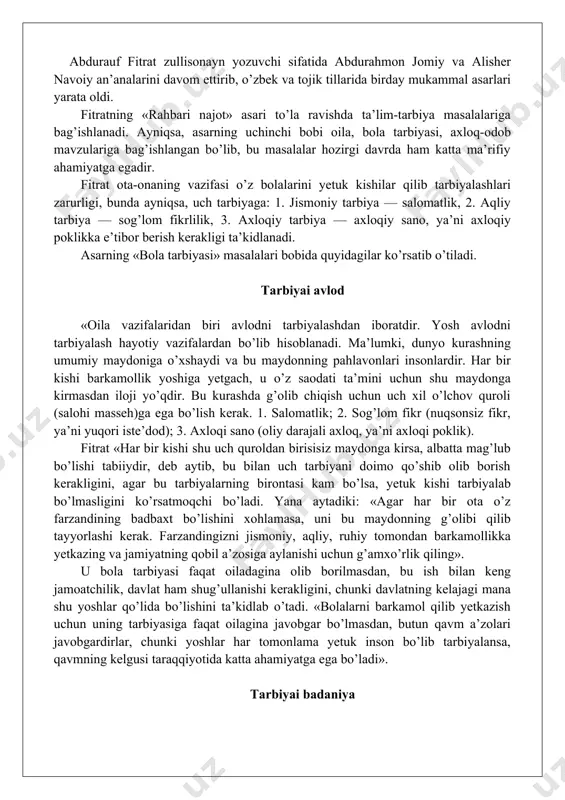 o’zbekiston fanlar komiteti qoshida tuzilgan mustaqil ilmiy-tadqiqot institutlariga aylangan ilmiy muassasalarda o’sha davrda taniqli olimlardan otajon hoshim, g’ozi yunusov va boshqalar bilan birga yosh adabiyotshunos hamda tilshunos olimlarga o’zbek adabiyoti tarixi va fors tilidan dars beradi. sharq adabiyoti, tili, tarixining katta bilimdoni sifatida shuhrat topadi va shogirdlari qalbida o’chmas iz qoldiradi. fitratning ijodiy va ijtimoiy faoliyatini nisbi ravishda ikki davrga ajratish mumkin. faoliyatining birinchi davrini 1908—1918 yillarda yozgan «rahbari najot», «munozara», «sayyohi hindi bayonoti», «oila» singari asarlari tashkil etib, bular yosh buxoroliklar harakatining g’oyaviy dasturi bo’lib xizmat qilgan edi. bu davrda fitratning «sayha» she’rlar to’plami, «begijon», «mavludu sharif», «abomuslim», «temur sag’anasi», «chin sevish» kabi dramatik asarlari hamda «siyosiy hollar», «turkiston muxtoriyati» kabi publitsistik maqolalari ham yaratiladi. fitrat ana shu dastlabki asarlari bilan o’zi yashab turgan jamiyatning g’oyaviy asoslarini larzaga keltiradi. fitratning dastlabki asarlarida vatanparvarlik mavzusi asosiy o’rinni egallaydi. u vatani bilan faxrlanadi, lekin vatanining holi harobligidan aziyat chekadi. vatani uchun …