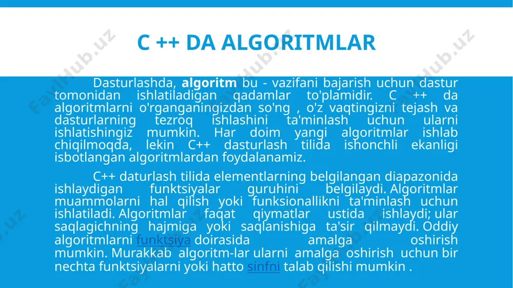 lashishi set_intersection ikkita tartiblangan diapazonning kesishishi set_difference ikkita tartiblangan diapazonning farqi set_symmetric_difference ikkita tartiblangan diapazonning simmetrik farqi merge algoritmi partition algoritmi nomi bajaradigan vazifasi is_partitioned diapazonning bo'linishini tekshiradi partition ikkala qism oralig’i qaytaradi stable_partition ikki qismga bo'linish oralig'i - barqaror buyurtma partition_copy bo'lim oralig'i ikkiga bo'linadi partition_point bo'lim nuqtasini oladi heap algoritmi nomi bajaradigan vazifasi push_heap elementni uyum oralig'iga suradi pop_heap uyma oralig'idan pop-element make_heap uyumni oraliqdan xosi qiladi sort_heap uyum elementlarini saralash is_heap agar diapazon to'planganligini tekshiradi is_heap_until birinchi elementni yig'ma tartibda emasligini topadi heap algoritmiga misol c++da iteratorlar konteynerlar va iteratorlar “container" konteyneri - bu obyektlar bir xil turdagi qiymatlar to'plamini saqlashga moslashtirilgan sinf ("massiv" tushunchasini umumlashtirish). konteynerning tarkibiga kirish uchun vositani ta'minlaydi. c ++ standart kutubxonasida ushbu kirish moslamalari iterator deb nomlangan "qator elementiga ko'rsatgich" tushunchasini umumlashtirishga asoslangan. iteratorlar juftligi “range" diapazonini o'rnatadi - iteratorni oldinga siljitish bilan hisoblanadigan qiymatlar ketma-ketligini belgilash, juftlikdagi birinchi iterator birinchi elementdan …