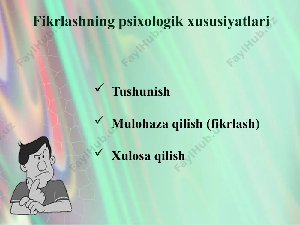 chi bosh miyaning organik kasalliklarida, serebral ateroskleroz, gipertoniya kasalligi, insultlardan keyin, bosh miya o’smalari, qarilikdagi aqliy zaifliklarda uchraydi. fikrlashning mazmun jihatdan buzilishi o‘ta qimmatli g‘oyalar. biron aniq dalil bilan bog‘liq holda vujudga keluvchi, ahamiyati katta bo‘lmagan xulosa, fikr, g‘oya va tasavvurlarni bemor o‘zi uchun juda katta ahamiyatli deb biladi. masalan, haqiqatdan ham she’r yozuvchi kishi o‘zini iste’dodli shoir deb biladi va o‘zini shunday tutadi. atrofdagilar uni tan olmasliklarini yomon niyatlilar, ko’rolmaslik deb tushunadi. shilqim (miyadan ketmaydigan) fikrlar. bemor noto‘g‘riligini bilgani holda uni xayolidan chiqarib tashlashga qanchalik urinmasin miyadan ketmaydigan fikrlardir. shilqim (yopishqoq) fikrlar, kuy, she’rdan parcha, rakamlar, maqol, biror so‘z miyada o‘tirib qoladi. bemor ularga tanqidiy munosabatda bo‘ladi. shilkim ehtiyotkorlik. bemorlar avval o‘z-o‘zidan bajarib yurgan ishlarini, odatdagi fiziologik ishlarni bajara olamanmi yoki yo‘qmi? deb qo‘rqishadi. bir necha yil o‘qigan ma’ruza matnini unutib quyishdan ko‘rqish, erkaklarning jinsiy aloqa vaqtida ereksiya bo’lmasligidan qurqishi «kuyovlar nevrozi» shular qatoriga kiradi. tasavvurli shilqimliklarga - ikkilanish …
