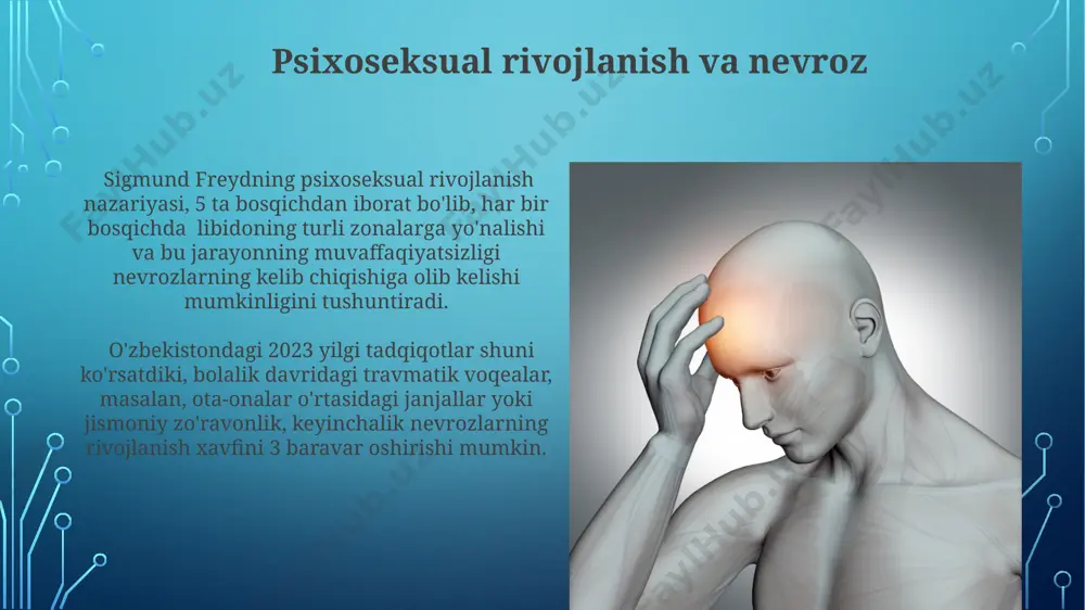 erika qo'shma shtatlarida o'tkazilgan keng qamrovli tadqiqotlar natijalari, nevroz rivojlanishida 7 dan ortiq turli genlarning o'zaro ta'siri haqida dalillarni taqdim etdi. genetik tadqiqotlar shuni ko'rsatdiki, 30% ga yaqin nevroz holatlari 1- va 2-xromosomalaridagi ma'lum genlarning o'zgarishlari bilan bog'liq bo'lib, bu o'zgarishlar asosan g'arbiy yevropa aholisi orasida kuzatilgan. nevrozning oldini olish va davolash o'zbekistondagi tadqiqotlar shuni ko'rsatadiki, nevrozga chalinganlarning 30% dan ortig'i uy sharoitidagi zo'ravonlik va 20%i oilaviy muammolar tufayli kasal bo'lishadi. nevrozning oldini olishda 7 yoshgacha bolalarda psixologik rivojlanishning muhim bosqichlarini to'g'ri o'tkazish, ayniqsa, toshkent kabi yirik shaharlarda stressni kamaytirish muhim ahamiyatga ega. shaxsiyatning shakllanishi va nevroz toshkentdagi klinik kuzatuvlar shuni tasdiqlaydiki, oilaviy zo'ravonlik va 10 yoshgacha bo'lgan stressli voqealar nevrozning 75% uchraydigan sabablaridan biri hisoblanadi. 5 yoshgacha bo'lgan bolalarda samarqanddagi tadqiqotlar shuni ko'rsatdiki, ota-ona bilan munosabatlardagi salbiy tajribalar 30% hollarda nevroz rivojlanishiga olib keladi. nevrozning paydo boʻlishining tarixiy kelib chiqishi 19-asrning ikkinchi yarmida, sigmund freudning psixodinamik nazariyasi nevrozning rivojlanishida …