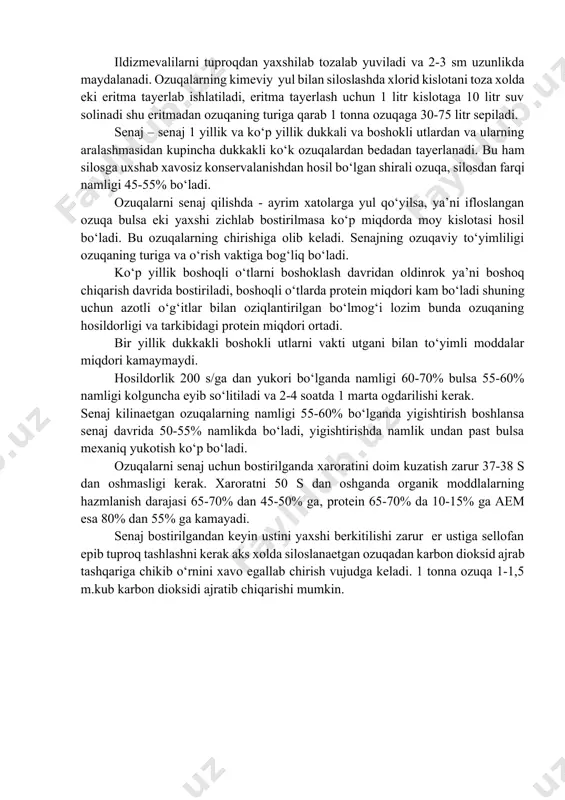 slotali achish vujudga keladi natijada ozuqa nordonlashadi. rivojlanishi maqsadga muvofik bo‘lmagan mikroorganizmlar rivojlanishi tugaydi. bu davrda achitkili achish vujudga kelib bir qism kand spirtga aylanadi. 3 faza bu davrda asosiy achish jaraeni tugaydi organik kislotalar paydo bo‘lib rn 4,0-4,2 ga pasayadi sut kislotasini ishlab chiqaruvchi bakteriyalar o‘ladi. yaxshi silosda doimo sut kislotasi miqdori uksus kislotasiga nisbatan ko‘p bo‘ladi, bu nisbat 3-4:1 bo‘lgani maqsadga muvofikdir. omixta silos – xar hil ozuqabop o‘simiklardan biologik konservatsiyalashning ratsional uso‘lidir. omixta silos tula to‘yimli ozuqa bo‘lib, hayvonlarga berishdan oldin kayta ishlov talab qilmaydi. omixta silosning asosiy komponentlari kobiqlash, tozalangan makkajuxorining sutasi, mum pishishidagi donlar, shakr, yarim shakar va xashaki lavlagi, kizil sabzi bargi bilan. ko‘k beda va qovoklar hisoblanadi. omixta silos bilan asosan esh hayvonlarni: buzok, cho‘chka, parrandalar boqiladi. omixta silos faqat standart transheyalarga bosiladi. omixta silos ko‘p komponenti ozuqa bo‘lib uning sifati kerakli komponentlarini yaxshi tanlashga bog‘liq. yaxshisi bir retseptini keltiraylik, sut-mum pishgan makkajuxori …