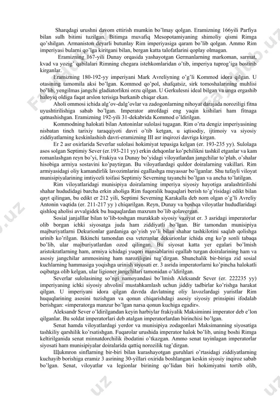tilof solshga behuda uringan. parfiya taxtiga o’z kishisini o’tkazish uchun qilgan harakatlari ham natija bermagan. eramizning117-yili yoziga kelib rimliklar avvolo ikki daryo oralig’ining janubini va mesopotamiyaning boshqa qismlarini tozalashga majbur bo’lganlar. soni juda kamayib, muvaffaqiyatsizliklardan sillasi qurib, ruhan ezilib qolgan rim armiyasi frot daryosining orqasiga o’tib ketgan. trayan mag’lubiyatni tan olgisi kelmagan. u yana sharqqa otlanishni ko’zlagan, lekin rim armiyasi jangovarlik kuchi tugab bo’lgan. parfiyaliklarga qarshi yana urush boshlashdan avval sharqiy viloyatlardagi qo’zg’olonlarni bostirib, imperiyaning o’zida osoyishtalik o’rnatish lozim bo’lgan. armiyani mablag’ va yangi kuchlar bilan ta’minlash zarur bo’lgan. trayan rimga jo’nab ketgan. u yo’lda ketayotib (kilikiyada ) kasal bo’lib o’lib qolgan(eramizning 117-yili). sharqdagi urush muvaffaqiyatsiz bo’lsada, trayan rimning quldor zodagonlari nazarida mukammal hokimi namunasi bo’lib qolgan. unga «eng yaxshi» prinseps laqabi berilgan. trayan hayotining so’nggi oylarida xotinining qarindoshi publiy eliy adrianniy o’ziga yaqin tutib yurgan. trayanning o’limidan keyin adrian unga o’g’il qilingan va vorisi etib tayinlangan, deb e’lon qilingan. …
