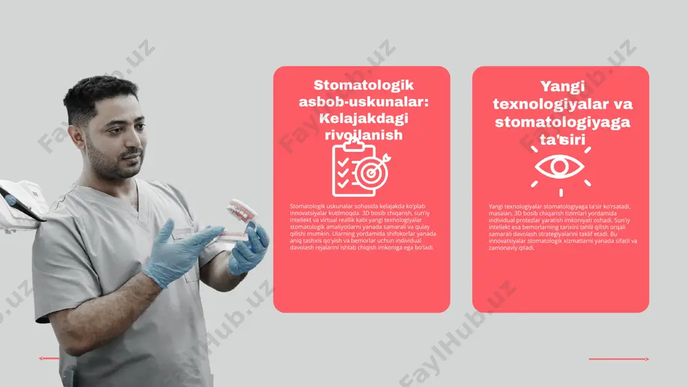 i va qo'llanilishi yangi davrni boshlab beradi. xulosa foydalanilgan adabiyotlar 1. djalilov, a. a. zamonaviy stomatologik asbob-uskunalar va ularning afzalliklari. o'zbekiston milliy universiteti, 2022 2. akbarov, r. s. stomatologik materiallarni sinovdan o'tkazish usullari. tibbiyot fanlari jurnali, 2021 3. babayev, s. u. stomatologiyada innovatsiyalar va kelajakdagi rivojlanish. o'zbekiston tibbiyot akademiyasi, 2023 4. islomov, a. i. laboratoriya sinovlari va stomatologik materiallar. o'zbekiston stomatologiya jurnali, 2020 5. tugayev, b. x. yangi texnologiyalarning stomatologiyadagi o'rni. o'zbekiston fanlar akademiyasi, 2023 e'tiboringiz uchun rahmat! image1.png image2.png image3.png image4.png image5.png image6.png image7.png image8.png image9.png image10.png image22.jpg image16.png image17.png image11.png image12.png image13.png image14.png image15.png image23.jpg image21.png