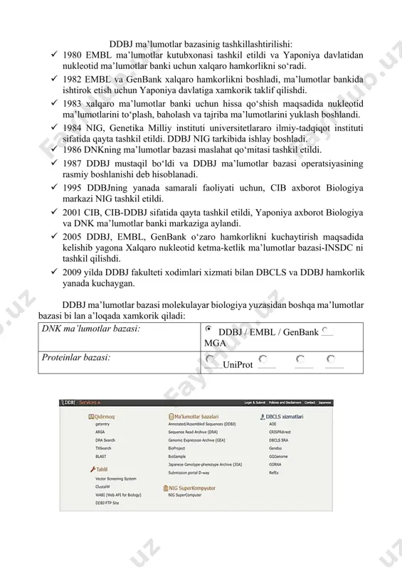 nk yoki embl kabi birlamchi ma’lumotlar bazalarining biridan yoki ikkinchisidan ajratib olingan kichik to‘plamdir. boshqa ikkilamchi ma’lumotlar bazalari ham mavjud bo‘lib, ular hech qanday ketma-ketlikni taqdim etmaydilar, ularda ketma-ketliklarning ma’lumotlar bazalarida to‘plangan ma’lumotlar mavjud. a. omniome ma’lumotlar bazasi: omniome ma’lumotlar bazasi tigr genomik tadqiqotlar instituti tomonidan qo‘llab-quvvatlanadigan keng qamrovli mikrobial manbadir. u nafaqat har bir genom uchun o‘rganib chiqilgan ketma-ketligi va izohiga ega, balki organizmlar, taksonlar dnk molekulalarining tuzilishi, tarkibi va dnk ketma-ketligidan bashorat qilingan boshqa protein tarkibi atributlari to‘g‘risidagi ma’lumotlarga egadir. ushbu ma’lumotlar bazasiko‘p genomli izlanishlar va tahlillar ishlarini osonlashtiradi, masalan, turli xil genomlardagi oqsillar va genlarning joylashish holatini taqqoslash ishlarida qo‘llaniladi. b. flybase ma’lumotlar bazasi: konsorsium d. melanogaster meva pashshasi misolida va uning barcha genomini yuqori to‘liqlik va sifatga ko‘ra ajratib beradi. c. acedb: bu nafaqat ketma-ketlikni, balki genetik haritalar, shuningdek, c. elegans nematoda qurti haqidagi fenotipik ma’lumotlarning ham omboridir. 3. ddbj- ma’lumotlar bazasi-yaponiya dna data bank japan- …