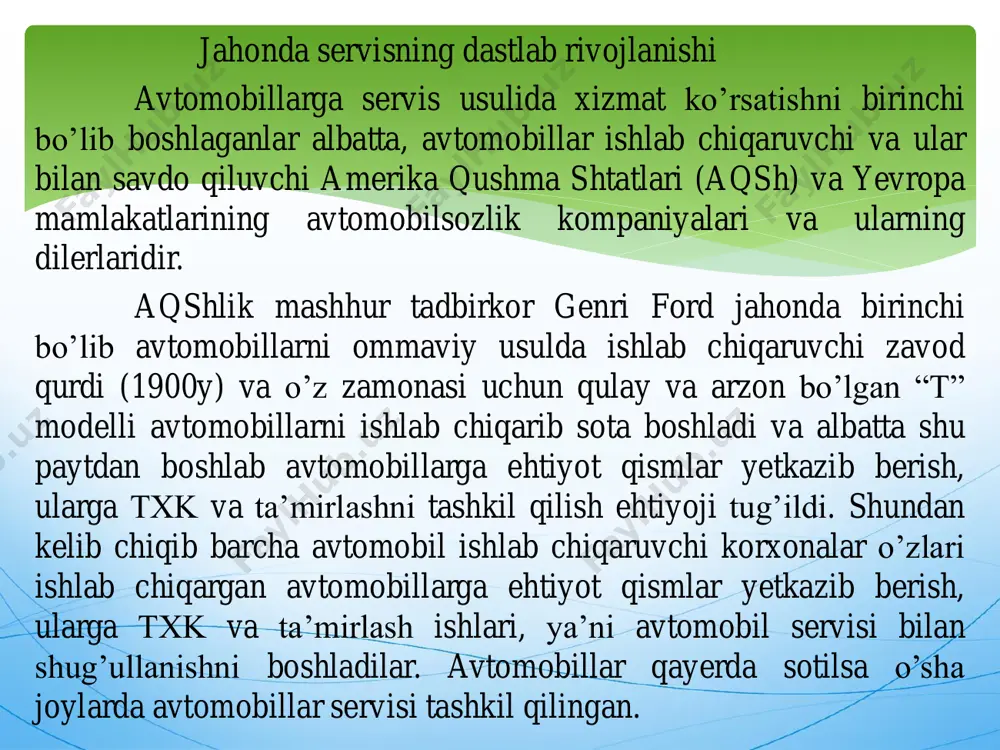 doimo rag’bat mavjudligi;  almashtirilgan ehtiyot qismlar va materiallarning ishonchli ekanligi;  mijozlarni xizmatlaridan foydalanishining qulayligi, osonligi bilan o’ziga jalb qila bilishi; аvtomobillarga servis sifatida bajariladigan xizmatlar : texnik tijoriy mijozlar bilan ishlash kabi qismlardan iboratdir.  texnik xizmat ko’rsatish deyilganda avtomobil, uning agregatlari, detallari va qismlari texnik holatini sozlash, rostlash va tiklash-ta’mirlash bilan bog’liq bo’lgan ishlar jamlanmasi ko’zda tutiladi, yani: •avtomobillarga texnik xizmat ko’rsatish, ularni ta’mirlash; • avtomobillar agregatlari, detallari, kuzovlari, shinalari, akkumulyatorlarini  ta’mirlash, ish qobiliyatini tiklash; • avtomobillarni buyurtmalar asosida diagnostika qilish; • avtomobillarga ko’chalarda, yo’llarda, saqlash joylarida talabga asosan  texnik yordam ko’rsatish; • avtomobillarni qayta jihozlash; • avtomobillarni davlat texnik qaroviga tayyorlash; • yengil avtomobillar va avtobuslar kuzovlariga zangga qarshi ishlov berish; • shikastlangan avtomobillar kuzovlarini tiklash; • avtomobillarni vaqtincha va doimiy saqlash; • avtoservisda o’ziga-o’zi xizmat ko’rsatish shaklini tashkil etish. тijoriy xizmat deyilganda sohaning biznes sifatidagi faoliyati, savdo va reklama qilish tushuniladi: avtomobillar, ehtiyot …