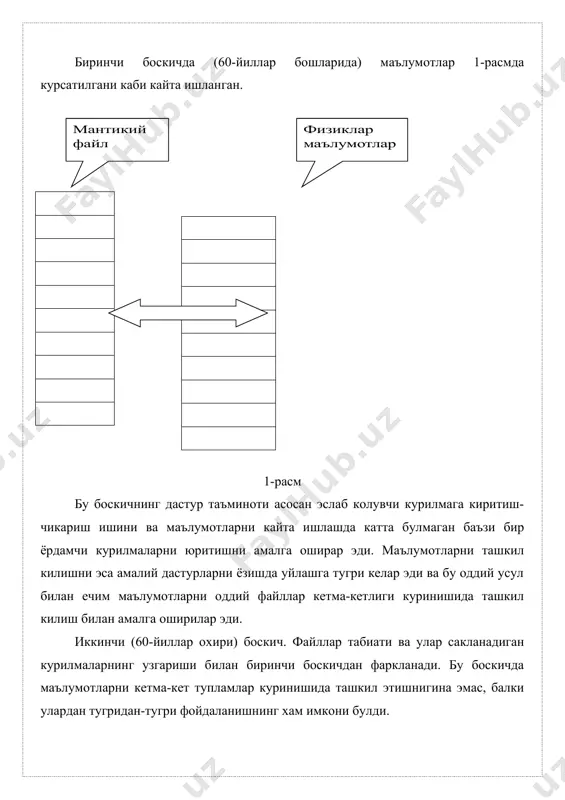 аълумотлар буйича хар хил суровлвр билан мурожаат килиши мумкин. 6. бутунлик. замонавий маълумотлар базаси куп фойдаланувчилар ишлатаётган маълумотларга эга булиши мумкин. ишлаш жараёнида маълумотлар элементлари ва улар уртасидаги алокаларнинг бузилмаслиги жуда мухимдир. бундан ташкари аппарат хатоликлари ва хар хил турдаги тасодифий узилишлар, маълумотларнинг тиклаб булмайдиган йукотишларга олиб келмаслиги керак. демак, маълумотларни бошкариш тизими маълумотларни тиклаш механизмига эга булиши керак. 7. хавфсизлик ва махфийлик. маълумотларнинг хавфсизлик деганда уларни тасодифий ёки онгли равишда, хаки булмаган шахслар томонидан фойдаланишдан, автордан рухсатсиз маълумотларни модификациялаш (узгартириш) ёки бузишдан химоя килиш тушунилади. махфийлик эса алохида шахслар ёки ташкилотлар томонидан качон, кандай ва канча микдордаги ахборот бошка шахсларга ёки ташкилотларга берилиши мумкинлигини аниклашни билдиради. фойдаланувчининг маълумотлар базаси билан узаро ишлаш учун маълумотларни бошкариш тизими (мббт- «субд») ташкил килинади. маълумотларни моделлар куринишида ифодаланишининг киритилиши туртинчи боскичнинг фаркли хусусиятидир. у пайтда дастурчиларнинг маълумотлар тугрисидаги тасаввурлари каби, маълумотларнинг физик сакланиши ва ташкил этилиши хам узгаради, маълумотлар модели узгармасдан колиши ёки …
