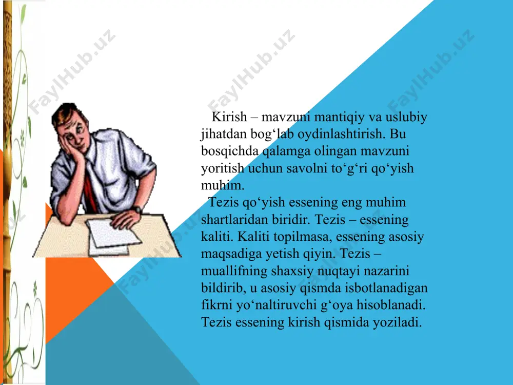 yta-qayta o‘qib chiqish tavsiya etiladi. 10. ensiklopediya va turli manbalardan olingan ma’lumotlar o‘z o‘rnida qo‘llanishi kerak. aks holda, essening badiiyligi va ta’sirchanligiga putur yetadi. esse yozishda quyidagi talablarga qat’iy rioya qilinadi: • shaxsiy munosabatning bildirilishi; • tezis – kalit so‘zni to‘g‘ri aniqlash; • faktli dalillar (argumentlar); • nazariyaga asoslanish; • atamalarni o‘z o‘rnida qo‘llash; • sitatalar keltirish; • mantiqiy qonuniyatning saqlanishi; • taqqoslash va xulosalash usullaridan foydalanish; • savodlilik (uslubiy, imlo, tinish belgilari); • yumor, o‘tkir hajv; • foydalanilgan ilmiy manbalarga havolalar. esse yozish uchun mavzular: 1.hayotda qonun barchaga barobarmi? 2.ijtimoiy tarmoqlar va men. 3.men farzandim uchun nima qilishim kerak? 4.orolning qurishi kimning muammosi? 5.tinch o‘tgan har kuning – bayram. 6.muvaffaqiyat sari birinchi qadam. 7.vaqt shamoldek uchmoqda. 8.kun bo‘yi ishdaman, farzandim esa... 9.agar meni tanqid qilishsa... 10.ayolning o‘rni qayerda? 11.kechagi kunim. 12.qabulimdagi odamlar. 13.ona tilimni asrash uchun men nima qila olaman? 14.kasbimni to‘g‘ri tanladimmi? 15.men jamiyatga kerakmanmi? 16.yoshlik beboshlikmi? 17.meni …
