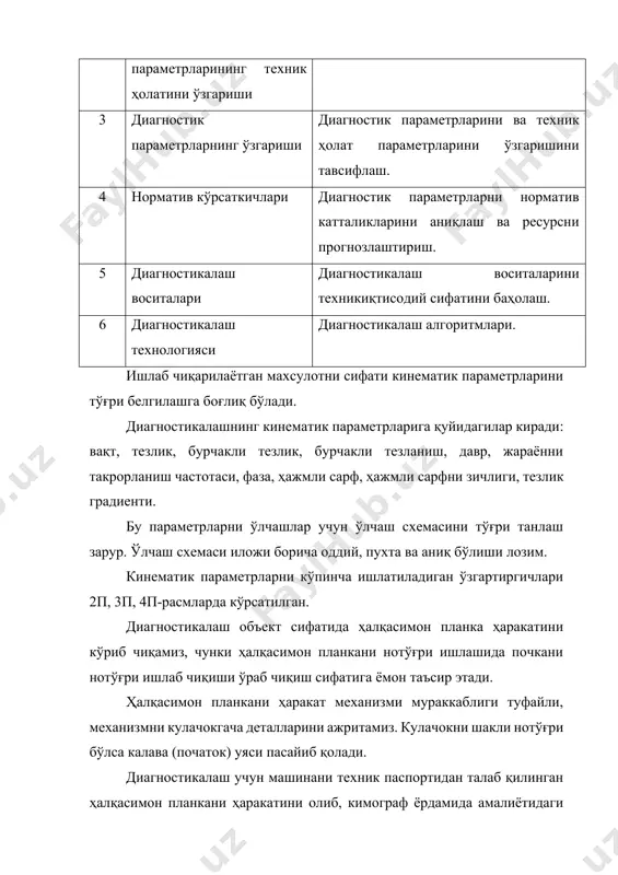 заро таъсирларни, зарурият бўлганда ижрочиларни хам ўз ичига олади. диагностикалаш натижасида диагноз кўйилади. диагнознинг аниқлиги диагностикалашни чукурлигига ва назоратни тўлиқлигига бўғлиқ. техник диагностикалаш тестли бўлиши мумкин, бунда машинага тестли таъсирлар киритилади, ва машина ишлаб турганда функционал бўлиши мумкин, бу ҳолда машинага ишчи таъсирлар киритилади. ҳисоблаш техникасини, мосламаларни ва датчикларни электрик занжирларини назорат қилиш тестли диагностикалашда айниқса қулай. одатда у машинани ишлашига тўсқинлик қилувчи нуқсонларни излашда, технологик тизимни бикрлигини назорат қилишда ва металлқирқиш дастгоҳларни тебранишлар шаклини органишда қўлланилади. тебранишларни аниқлаш учун тестли таъсир вибратор ёрдамида ёки кесиш кучларини ўзгартириш йўли билан амалга оширилади. вибраторли тизимни афзаллиги материални экономияси ва амплитуда-фазали частотали хусусиятини автоматик кўриш имкони борлиги. ташқи таъсирларни кетмакетлиги ва малумотни олиш диагностикалаш алгоритми билан аниқланади. машиналарни функционал диагностикалаш ишлатиш шароитида қулай, чунки кўп ҳолларда диагностикалашни технологик жараёнини бузмай ўтказиш мумкин. диагностикалаш усулларини танлаш машинани турига ва уни вазифасига боғлиқ. автоматлаштирилган жихозларни диагностикалаш учун қуйидаги усуллар қўлланилади. органолептик усуллар. органолептик усуллар: …