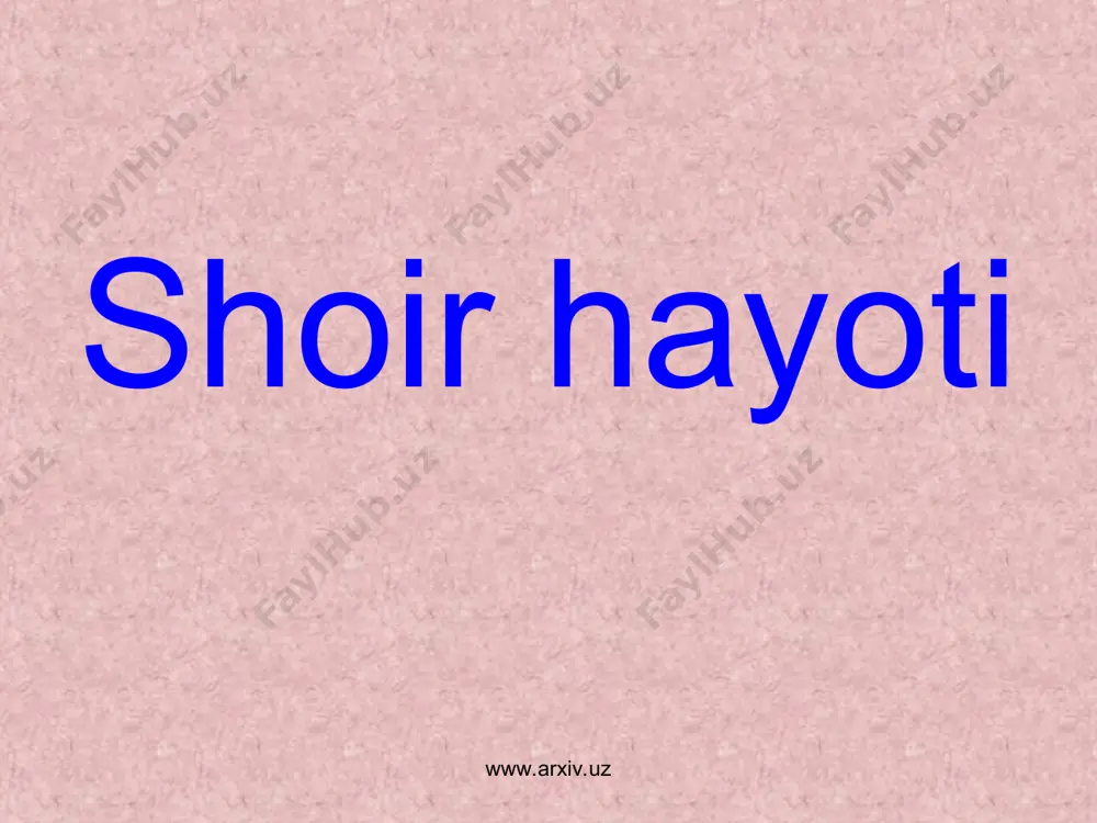 kelib ko`p turmadi, tursa rafiqlar qo`ymadi, oyo nasiba bo`lmadi, ehromi uchqo`rg`on ekan. powerpoint presentation zavqiy (ubaydulloh) (1853-1921) hajvchi shoir www.arxiv.uz www.arxiv.uz shoir hayoti www.arxiv.uz www.arxiv.uz tug`ilgan yurti: qo`qon shahrining qatag`on dahasiga qarashli shayxon mahallasi www.arxiv.uz www.arxiv.uz o`qigan maskanlari: dastlab mahallasidagi maktabda o`qigan, so`ng 1870-1874 yillarda “madrasai oliy” va “madrasai chalpak” madrasalarida www.arxiv.uz www.arxiv.uz kasbi: mahsido`z kosib, shuningdek qo`qon poyabzal rastasining xo`jayini mo`minboy qo`lida mirzalik ham qilgan. www.arxiv.uz www.arxiv.uz shoir borgan shaharlar: buxoro, marg`ilon, andijon, o`sh, namangan, samarqand, xo`jand va toshkent www.arxiv.uz www.arxiv.uz shoirning do`stlari: muqumiy, muhyi, furqat, nisbat,muhayyir www.arxiv.uz www.arxiv.uz shoir vafoti : 1921-yilda 2 oy davom etgan og`ir kasallikdan so`ng 68 yoshida vafot etdi. www.arxiv.uz www.arxiv.uz zavqiy ijodiy merosi www.arxiv.uz www.arxiv.uz zavqiy asarlari nashr etilgan gazeta va jurnallar: “turkiston viloyatining gazeti”, “sadoi farg`ona”, “tirik so`z”, “najot” gazetalari hamda “al-isloh” jurnali www.arxiv.uz www.arxiv.uz devon: bir devoni bor. 1930-yilda turmush o`rtog`i xayrunniso qashqarga olib ketilgan. hozir bu devon zavqiyning xitoy xalq …