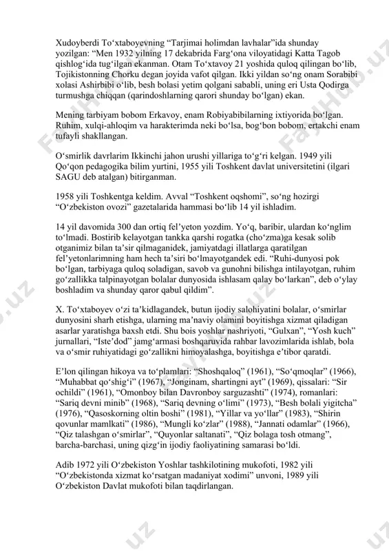 ‘rta osiyo universitetini tugatgan (1955). o‘rta maktabda o‘qituvchi va direktor (1955— 58), «toshkent haqiqati» gazetasida adabiy xodim, bo‘lim mudiri (1958—62), «sovet o‘zbekistoni» (1962—70) gazetasi, «guliston» jurnalida (1970—72),«yosh gvardiya» nashriyotida (1972) bo‘lim mudiri va bosh muharrir o‘rinbosari (1974— 76), «gulxan», «yosh kuch» jurnallarida bosh muharrir (1977— 80), «oltin meros» xalqaro xayriya jamg‘armasi boshqaruvi raisi (1980—1998). xudoyberdi to‘xtaboyev dastlab jurnalist sifatida tanilgan, felyetonlar yozgan. ilk hikoyalar to‘plami — «shoshqaloq» (1961). «felyetondan keyin» (1962), «sir ochildi» (1963), «sehrli qalpoqcha» (1964) singari qissalari, «muhabbat qo‘shig‘i» (1967), «jonginam, shartingni ayt» (1969), «konizar yulduzlari» (1978), «omonboy bn davronboy sarguzashti» (1974) va boshqa asarlar muallifi. «sariq devni minib» romani (1968) yozuvchiga katta shuhrat keltirgan. shundan keyin «sariq devning o‘limi» (1973), «besh bolali yigitcha» (1976), «qasoskorning oltin boshi» (1981), «yillar va yo‘llar» (1983), «shirin qovunlar mamlakati» (1986), «mungli ko‘zlar» (1988), «jannati odamlar» (1996) romanlari nashr etildi. xudoyberdi to‘xtaboyev asarlari yumorga boyligi, bolalar hayoti, ularning o‘ziga xos tabiati, xususiyatlari, …