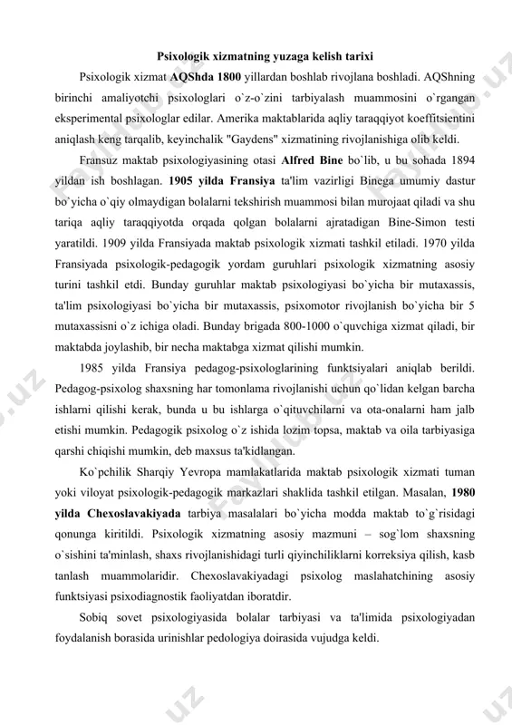 gik markazlari shaklida tashkil etilgan. masalan, 1980 yilda chexoslavakiyada tarbiya masalalari bo`yicha modda maktab to`g`risidagi qonunga kiritildi. psixologik xizmatning asosiy mazmuni – sog`lom shaxsning o`sishini ta'minlash, shaxs rivojlanishidagi turli qiyinchiliklarni korreksiya qilish, kasb tanlash muammolaridir. chexoslavakiyadagi psixolog maslahatchining asosiy funktsiyasi psixodiagnostik faoliyatdan iboratdir. sobiq sovet psixologiyasida bolalar tarbiyasi va ta'limida psixologiyadan foydalanish borasida urinishlar pedologiya doirasida vujudga keldi. pedologiya rivojlanayotgan va o`sayotgan shaxsning barcha biologik va ijtimoiy xususiyatlarini qamrab oluvchi fandir. 1936 yilda pedologik qarashlarni to`xtatish haqida qaror qabul qilindi, shu bilan birga rus psixologlari amalga oshirayotgan bola psixologiyasidagi ijobiy izlanishlar ham to`xtab qoldi. faqat 60 yillarning oxiriga kelib, psixologlarning maktab ishida amaliy ishtirok etishi qayta tiklandi. sobiq sovet ittifoqida birinchi bo`lib estoniyada 1975 yilda maktabda psixologik xizmat tashkil etildi (rahbari x.i.liymets, yu.l.sierd bo`lib, tarbiyasi qiyin o`smirlar uchun maxsus maktablarda ish olib bordilar). rossiyada 1982 yilda maktablarda psixolog shtati ochildi. rossiyada i.v.dubrovina psixologik xizmatning rivojlanishiga ulkan ulush qo`shgan, u ushbu …