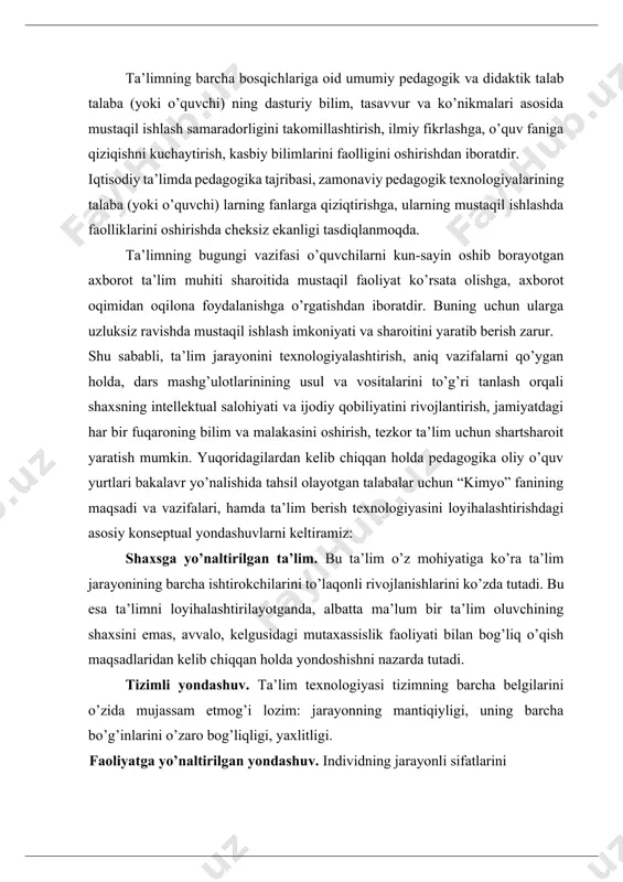 li yondashuv. ta’lim texnologiyasi tizimning barcha belgilarini o’zida mujassam etmog’i lozim: jarayonning mantiqiyligi, uning barcha bo’g’inlarini o’zaro bog’liqligi, yaxlitligi. faoliyatga yo’naltirilgan yondashuv. individning jarayonli sifatlarini shakllantirish, ta’lim oluvchining faoliyatini faollashtirish va tezlashtirish, o’quv jarayonida uning barcha qobiliyati va imkoniyatlarini, tashabbuskorlini ochishga yo’naltirilgan ta’limni ifodalaydi. dialogik yondashuv. bu yondashuv o’quv jarayoni ishtirokchilarining psixologik birligi va o’zaro munosabatlarini yaratish zaruriyatini bildiradi. uning natijasida shaxsning o’z-o’zini faollashtirishi va o’z-o’zini ko’rsata olishi kabi ijodiy faoliyati kuchayadi. hamkorlikdagi ta’limni tashkil etish. ta’lim beruvchi va ta’lim oluvchi o’rtasida demokratik, tenglik, hamkorlik kabi o’zaro sub’yektiv munosabatlarga, faoliyat maqsadi va mazmunini birgalikda shakllantirish va erishilgan natijalarni baholashga qaratish zarurligini bildiradi. muammoli ta’lim. ta’lim mazmunini muammoli tarzda taqdim qilish asosida ta’lim oluvchilarning o’zaro faoliyatini tashkil etish usullaridan biridir. bu jarayon ob’yektiv qarama-qarshiligi va uni hal etish usullarini aniqlash, dialektik tafakkurni va ularni amaliy faoliyatda ijodiy qo’llashni shakllantirishni ta’minlaydi. axborotni taqdim qilishning zamonaviy vositalari va usullarini qo’llash. bu yangi kompyuter …