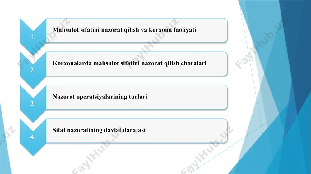omalarida, texnik shartlarda qayd etilgan belgilangan talablar bilan solishtirishdan iborat. ntd, tu va boshqa hujjatlar. sifat nazorati quyidagilarni o’z ichiga oladi: korxona omborlariga kelib tushadigan xom ashyo, asosiy va yordamchi materiallar, yarim tayyor mahsulotlar, butlovchi qismlar, asboblar sifatini nazorat qilish. belgilangan texnologik rejimga rioya etilishi ustidan operativ ishlab chiqarish nazorati, ba’zan esa mahsulotlarni operativ qabul qilish; asbob-uskunalar, mashinalar, kesish va o’lchash asboblari, asbob-uskunalar, turli o’lchov asboblari, matritsalar, sinov uskunalari va tortish moslamalari modellari, yangi va ishlatilayotgan qurilmalar, mahsulotlarni ishlab chiqarish va tashish shartlari va boshqa tekshiruvlar holatini tizimli nazorat qilish; modellar va prototiplarni nazorat qilish; tayyor mahsulotlarni nazorat qilish (qismlar, kichik yig’ish birliklari, kichik yig’ilishlar, agregatlar, bloklar, mahsulotlar). korxonalarda mahsulot sifatini nazorat qilish choralari quyidagi mahsulotlarni nazorat qilish choralari turli ob’ektlarda qo’llanilishi mumkin. alohida korxonalarda mahsulotni nazorat qilish choralari butun partiya ishlab chiqarish tsiklini qamrab olishi mumkin, bu davrda xom ashyo va sotib olingan elementlar bir jarayondan ikkinchisiga yakuniy mahsulotga …