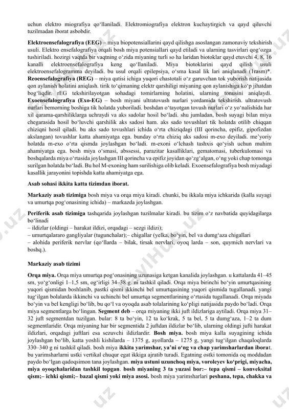 ruvchi, sezuvchi, vegetativ qismlaridagi buzilishlarni hamda ularni davolash, oldini olish choralarini o‘rganuvchi fandir. psixiatriya (grekcha «psyche» – ruhni, jonni, «iatreo» – davo lash) – odam ning bilish faoliyatidagi sezgilar va xulq-atvorida paydo bo‘la digan buzilishlarni o‘rganadi. odamning ruhiy faoliyatida ro‘y beradigan o‘zgarishlar va ularni davolash hamda oldini olish bilan shug‘ullanadi. nevrologiya ikki qismdan iborat. umumiy nevrologiya – asab tizimining anatomiyasi, gistologiyasi hamda fiziologiyasi, shuningdek, to‘liq tashxis qo‘yishni, ya’ni zararlanish qayerda yuz bergan va uning natijasida nima ro‘y berishini o‘rganadi xususiy nevropatologiya – asab kasalliklarining kelib chiqish sabab lari, rivojlanishi, klinik manzarasi, oqibatlari, davolash va oldini olish choralarini o‘rganadi. psixiatriya ham ikki qismdan iborat. umumiy psixopatologiya – ruhiy kasalliklarning umumiy alomatlari, kechishining qonuniyatlari, aniqlash usullari va tasnifi, davolash va oldini olish choralarini o‘rganadi. xususiy psixiatriya – ruhiy kasalliklarning turlari, qiyosiy tashxisi va davolash usullarini o‘rganadi. bemorlarni tekshirish usullari rentgenologik tekshirish usullari tashxis qo‘yishda miya qutisi yoki umurtqa pog‘onasini rentgeno logik tekshiruvlar …