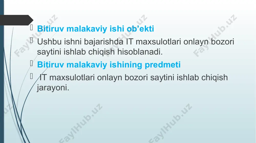 ayn bozori saytini ishlab chiqish belgilab olindi. bitiruv malakaviy ishining birinchi bobida it maxsulotlari onlayn bozori saytini ishlab chiqishning nazariy asoslari tahlil qilindi. bitiruv malakaviy ishining ikkinchi bobida it maxsulotlari onlayn bozori saytini ishlab chiqish ko‘rib chiqildi va web dasturlash tillaridan foydalanib it maxsulotlari onlayn bozori saytini ishlab chiqish. dasturni tuzishdan maqsad odamlarni vaqtini tejash va uyda turgan xolda avtomashinani sotishi yoki sotib olishi shu qatorda shaxsiy avtomashinalarini tamirlash imkoniyatlari yaratish bo’ldi. dastur asosan statik sayt ko‘rinishida bo‘lib, foydalanuvchilarga qulay qilib yaratilgan. bitiruv malakaviy ishining uchinchi bobida esa, onlayn savdo tashkil etishning muammolari va yaratilgan imkoniyatlar tayyorlandi va yaratilgan dasturiy ta’minotni tajriba-sinov ishlari olib borildi. bundan tashqari web dasturlash tillari, local server dasturlari cms bilan ishlash ko‘nikmalari yaxshi shakillandi. ishni bajarish davomida html dasturidan foydalanib sayt yaratish bo‘yicha chiqur bilimga ega bo‘ldim va kelgusida ish faoliyatimda bundan unumli foydalanishga harakat qilaman. tadbirkorlik faoliyatimda aynan bunga o‘xshagan sayt yaratib boshqa biznes …