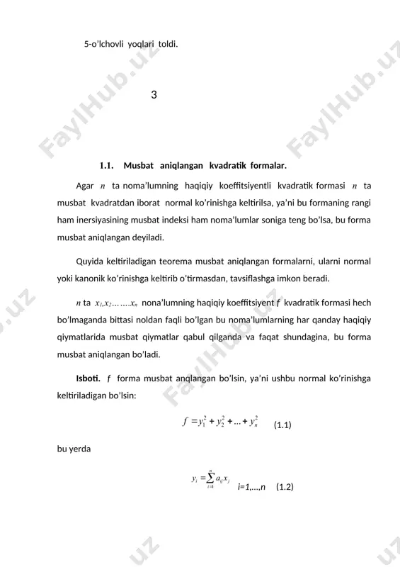 ngan n lar uchun, barcha ekvivalent bo’lmagan mukammal formalarni topish masalasi muhim masalalardan biridir. tayinlangan n larning o’sishi yoki har bir aniq mukammal formaning arifmetik minimumini beruvchi nuqtalarni sonning kattaligiga qarab, mukammal formalarni izlash (topish) ning voronoy algoritmidan foydalanish juda qiyinliklarga olib keldi. bitiruv malakaviy ishi, 3 o’zgaruvchili bosh mukammal formaga mos voronoy sohasining 5 o’lchovli yoqlarini topishga bag’ishlangan bo’lib kirish qism, ikki bob, xulosa va foydalanilgan adabiyotlar ro’yxatidan iborat. bitiruv malakaviy ishining kirish qismida qaralayotgan mavzuning dolzarbligi, maqsadi va vazifalari keltirilgan. bitiruv malakaviy ishida 1- bob 3 ta paragrafdan iborat bo’lib, ularni quyidagicha ketma-ketlikda keltiramiz: 1.1da musbat aniqlangan kvadratik formalar n ta noma’lumlarni kanonik ko’rinishga keltiriladi va kvadratik formalarni kanonik ko’rinishga keltirishga oid misollar ishlandi. kvadratik formalar musbat aniqlangan kvadratik formalar, manfiy aniqlangan kvadratik formalar dan iborat.bu bitiruv malakaviy ishda faqat musbat aniqlangan kvadratik formalar xususida fikr yuritiladi. 1.2da mukammal kvadratik formaning minimal matritsasi, musbat aniqlangan kvadratik formaning koeffitsiyentlarini …