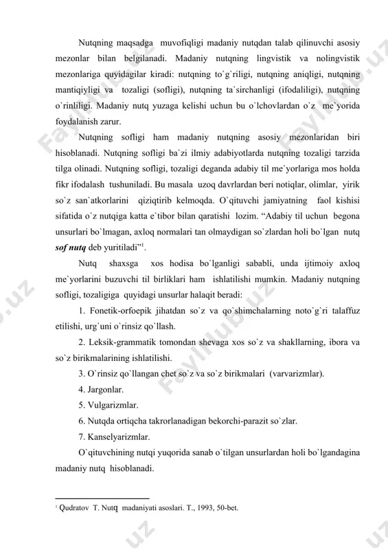 etik-orfoepik jihatdan so`z va qo`shimchalarni noto`g`ri talaffuz etishdir. buxoroga bo`ldim, aslida buxoroda bo`ldim kabi. 2. tilning sofligiga putur yetkazuvchi faktorlardan yana biri so`z va qo`shimchalarni mahalliylashtirib, sheva xos holda talaffuz etishdir. masalan: parhod (farhod), kelopti (kelyapti), kelli (keldi), ko`rdiz-ku? (ko`rdingizku-ku?) kabi. nutqimizda x va h harflarini, x va q harflarini talaffuz etishda, ishlatishda ham xatoliklar yuzaga keladi: xol (yuzdagi xol) hol (kishining ahvoli), tarix (fan) tariq (o`simlik). shevaga xos so`zlar adabiy til me`yori doirasiga kirmasa ham, so`zlashuv va badiiy nutq uslublarida ishlatiladi. ayniqsa, “badiiy adabiyotda tasviriy vosita-mahalliy kolorit yaratish, qahramonlar nutqini individuallash vazifasini bajardi. shu bilan bir qatorda adabiy tilning sheva hisobidan boyib borishiga ta`sir ko`rsatadi”. demak, o`qituvchi nutqi mahalliy shevaga xos so`z va iboralardan holi bo`lishi uning nutqi sof, toza ekanligidan dalolat beradi. urg`uni noto`g`ri ishlatish ham adabiy til me`yorlarining buzilishiga olib keladi. masalan: keldi-adabiy talaffuzda urg`u i harfiga tushsa, ba`zi (qiziltepa, buxoro, romitan) shevalarda ye harfiga tushurib talaffuz …