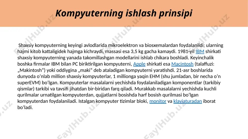 ib olish va amaliy tajribalarni orttirish mumkin (qarang: kompyuter oʻyinlari). kompyuterning universalligi axborotni aniq maqsad yoʻlida qayta ishlay olishiga, inson faoliyatining turli sohalarida ishlab chiqarishni tubdan oʻzgartirishga, kishilarning ishini osonlashtirishga imkon beradi. ob-havoni oldindan aytib berishda meteostyalar va sunʼiy yoʻldoshlardan keladigan axborotlarni yigʻib va tahlil qilib, juda katta hisoblash ishlarini bajaradi va inson uchun qulay boʻlgan shaklda ifodalaydi kompyuterning ishlash prinsipi shaxsiy kompyuterning sxemasi: 1. monitor 2. ona plata 3. protsessor 4. port ata 5. tezkor xotira 6. kengaytiruvchi kartalar 7. quvvat bloki 8. diskovod 9. qattiq disk 10. klaviatura 11. sichqon ultratovush tekshiruvi ultratovush - chastotasi 1520103 gs dan 10’ gs gacha boʻlgan elastik tebranishlar va toʻlqinlar. u.ni past chastotali (1,5 104 gs), oʻrta chastotali (105—107 gs) va yuqori chastotali (107—10’ gs) u.ga boʻlish mumkin. u. tebranishlarni hosil qilishda maʼlum fizik hodisalarga asoslanib yasalgan u. nurlatkichlari qurilmalaridan foydalaniladi. mexanik nurlatkichlarda u. tebranishlar gaz yoki suyuqlik oqimining mexanik energiyasi hisobiga …