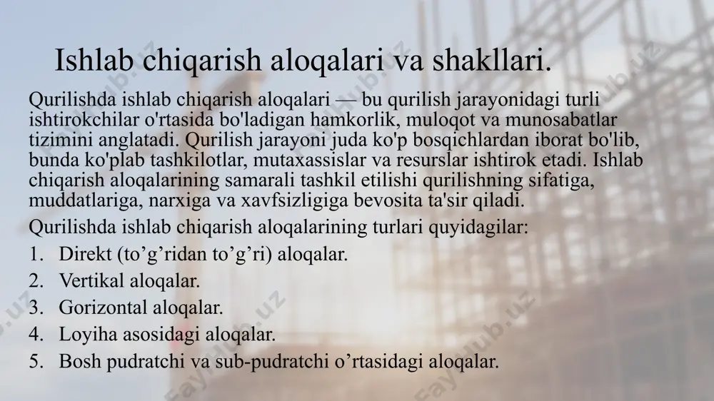 shakllari. 4. loyiha asosidagi aloqalar. loyiha asosidagi aloqalar loyiha rahbariyati, arxitektorlar, muhandislar, pudratchilar va sub-podryadchilar o'rtasidagi hamkorlikni o'z ichiga oladi. bu shakl barcha ishtirokchilarni o'zaro muvofiqlashtirish, loyiha maqsadlariga erishish va sifatni ta'minlash uchun zarurdir. masalan: loyiha boshlanishidan tugatishigacha bo'lgan barcha jarayonlarda arxitektorlar va muhandislarning o'zaro muloqoti. ishlab chiqarish aloqalari va shakllari. 5. sub-podryadchilar va bosh pudratchi o'rtasidagi aloqalar. bosh pudratchi va sub-podryadchilar o'rtasidagi aloqalar muhimdir, chunki bosh pudratchi loyiha jadvali, sifat va byudjetni nazorat qiladi. sub-podryadchilar esa ma'lum ishlarni bajarish uchun jalb etiladi. to'g'ri aloqalar orqali loyihaning har bir bosqichi o'z vaqtida va sifatli bajariladi. masalan: sub-podryadchilarning ishlarini bosh pudratchi tomonidan nazorat qilish, materiallar va resurslar ta'minoti bo'yicha kelishuvlar. ishlab chiqarish aloqalari va shakllari. shuningdek, ko’p yillik tajriba ko’rsatadiki qurilishda ma’lum bir katta hajmdagi obyektni qurish uchun eng kam xarajat va vaqt ketgazgan holda qurilish kompaniyalari o’zaro birlashgani eng oqilona yo’ldir. bu kabi ma’lum vaqtga ishlab chiqarish munosabatlarini shakllantirish har …