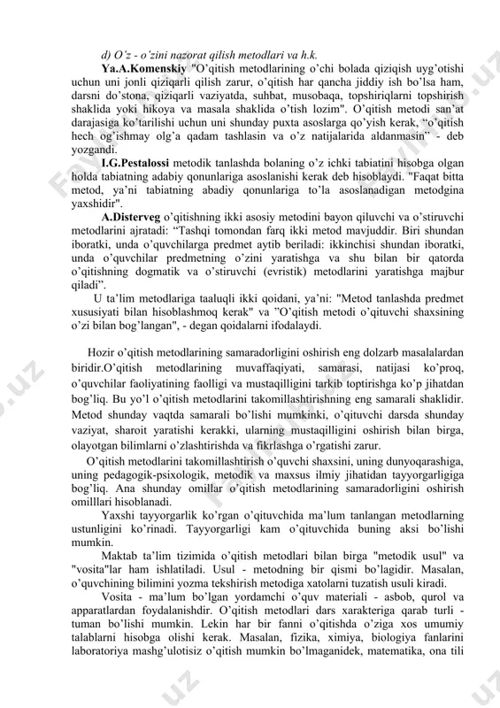tiriladi, odamdagi g’ayrat, qasd-intilish-harakatga aylantiriladi. ikkinchi (usul) yo’l - majbur etish yo’li, bu usul gapga ko’nmovchi qaysar shaharliklar va boshqa sahroyi xalqlarga nisbatan ishtiladi. chunki ular o’z istaklaricha so’z bilan g’ayratga kirishadiganlardan emas, deb ta’kidlagan a.h.forobiy. yu.k.babinskiy tahriri ostida nashr qilingan «hozirgi zamon umumiy o’rta ta’lim maktablarida o’qitish metodlari» (1990 yil) kitobida o’qitish metodlari quyidagicha turkumlanadi. 1. o’qitishning og’zaki metodlari. 2. o’qitishning ko’rgazmali metodlari. 3. o’qitishning muammoli - izlanishlar va reproduktiv metodlari. 4. o’qitishning mantiqiy metodlari: induktiv, deduktiv va asoslash mantiqiy metodlari. 5. o’quvchilarning o’quv faoliyatlarini rag’batlantirish va asoslash metodlari: a) bilimga bo’lgan qiziqishni shakllantarish metodlari. b) bilim berishdagi burch va mas’uliyatni rag’batlantirish metodlari. 6. o’qitishdagi nazorat va o’z - o’zini nazorat qilish metodlari: a) og’zaki va yozma nazorat metodlari. b) o’quvchilarning tayyorgarliklarini laboratoriya va amaliy yo’llari bilan nazorat qilish metodlari. c) mashina vositasida nazorat qilish metodlari. d) o’z - o’zini nazorat qilish metodlari va h.k. ya.a.komenskiy "o’qitish metodlarining o’chi …