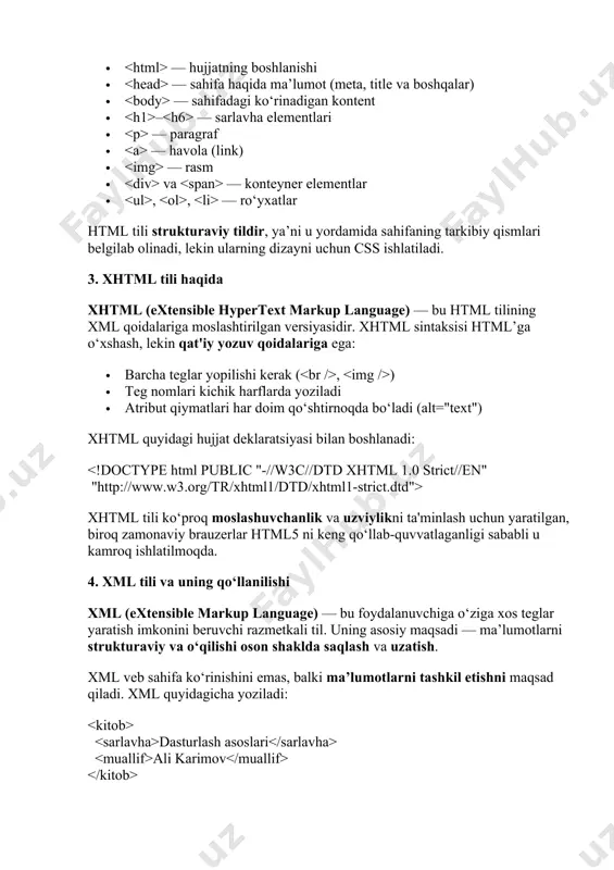 ladi · atribut qiymatlari har doim qo‘shtirnoqda bo‘ladi (alt="text") xhtml quyidagi hujjat deklaratsiyasi bilan boshlanadi: xhtml tili ko‘proq moslashuvchanlik va uzviylikni ta'minlash uchun yaratilgan, biroq zamonaviy brauzerlar html5 ni keng qo‘llab-quvvatlaganligi sababli u kamroq ishlatilmoqda. 4. xml tili va uning qo‘llanilishi xml (extensible markup language) — bu foydalanuvchiga o‘ziga xos teglar yaratish imkonini beruvchi razmetkali til. uning asosiy maqsadi — ma’lumotlarni strukturaviy va o‘qilishi oson shaklda saqlash va uzatish. xml veb sahifa ko‘rinishini emas, balki ma’lumotlarni tashkil etishni maqsad qiladi. xml quyidagicha yoziladi: dasturlash asoslari ali karimov xml tillari: · platformadan mustaqil · xatoliklarni aniq ko‘rsatadi · veb servislar (api) va ma’lumotlar almashinuvida keng qo‘llaniladi (masalan, rss, soap) 5. html, xhtml va xml tillarining farqlari va o‘zaro bog‘liqligi xususiyat html xhtml xml maqsadi sahifa strukturasi va ko‘rinishi html ni aniq qoidalar bilan yozish ma’lumotni saqlash va uzatish sintaksis yumshoq qat’iy juda qat’iy teglar oldindan belgilangan oldindan belgilangan foydalanuvchi belgilaydi yopilmagan …