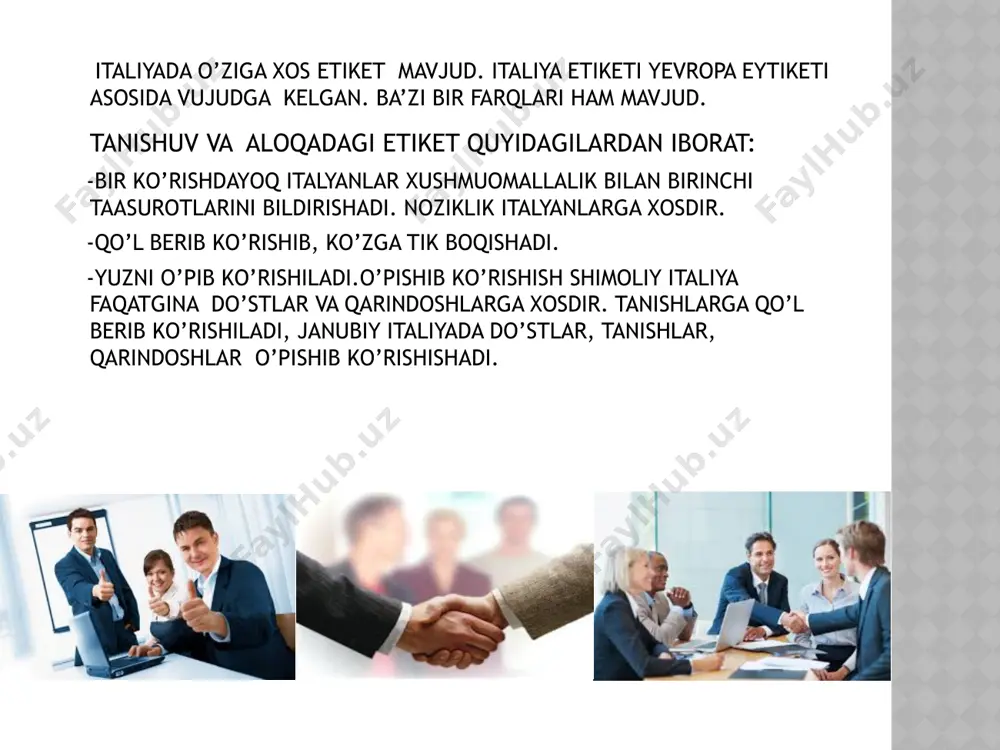 nlarida odatiy kiyinishadi. ayollar ixchamlikga e’tibor berishadi, pardoz andoz deyarli qilishmaydi. italyanlar kasblariga qarab kiyinishadi. nutq va hazillar: nutq madaniyatining boyligi ishbilarmonlarning yutuqi hisoblanadi. birinchi navbatda xushmuomalalik bilan muroajad qilinadi(italyanchada > ya’ni sansirash mumkin. biznes anjumanlarda deyishadi. hamkorlar bilan yaqin bo’lishni istagan biznesmenlar o’zlari haqida ko’p[roq ma’lumot berishadi, oilalari, farzandlari haqida. italyanlar hazilkash xalq sanaladi. yomon kayfiyatli insonga xazillashish nohurmatlik sanaladi. italyanlar xazillari qandaydir tanqitga yoki ikkinchi ma’noda bo’lmaydi, samimiylik birla qandaydir xodisa va voqealarni bayon qilishadi. do’stlar davrasida xazillashganda voqea uzun davom etib oxirida kuldirib qo’yishadi. ayollar orasida siyosatdan va o’zlari xoxlagan mavzuda xazillashishlari mumkin. agarda italyan bo’lmasangiz bunday xazillardan qoching. e’tiboringiz uchun raxmat! i t a l y image1.jpeg image2.png image3.png image4.png image5.jpeg image6.jpeg image7.jpeg image8.jpeg image9.jpeg image10.png image11.jpeg image12.jpeg image13.jpeg image14.jpeg image15.jpeg image16.jpeg image17.jpeg image18.jpeg image19.jpeg image20.jpeg image21.jpeg image22.jpeg image23.jpeg image24.jpeg image25.jpeg image26.jpeg image27.jpeg image28.jpeg image29.jpeg image30.jpeg image31.jpeg image32.jpeg image33.jpeg image34.jpeg image35.jpeg image36.jpeg image37.jpeg