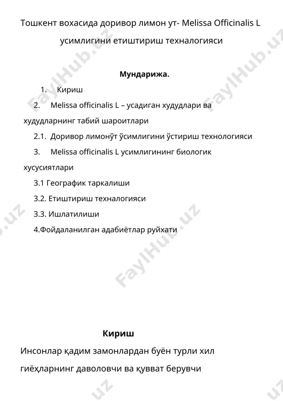 из ёки тайёрлатиб олишингиз мумкин. melissa officinalis l – усадиган худудлари ва худудларнинг табий шароитлари ўрта осиё, қрим, кавказ, россиянинг европа қисмининг жанубида ва бошқа давлатларда дарахт сояларида, тоғли туманларда тошлар соясида ва бошқа соя ерларда ўсади. ўзбекистоннинг тошкент ва сурхондарё вилоятларида учрайди. ўзбекистон флорасида ўсимликларнинг 4650 тури мавжуд бўлиб, улардан 650 тури эфир мойли ва 700 дан ортиқ тури доривор эканлиги аниқланган. доривор лимонўт ўсимлигини ўстириш технологияси доривор лимонўт ўсимлигини ўзбекистоннинг барча тупроқ-иқлим шароитида экиб ўстириш мумкин. ўсимликдан юқори ҳосил йиғиб олиш учун унга шўрланмаган, механик таркиби ўртача, унумдор, дуккакли ва ғалласимон экинлардан бўшаган ерларни танлаш тавсия этилади. доривор лимонўтни бир далада 5 йилгача сақлаб ҳосил олиш мумкин. ўсимлик экиладиган ерларни кузда 25—28 см чуқурликда сифатли қилиб ҳайдалади. ҳайдаш олдидан гектар ҳисобига 20—30 тоннадан чириган маҳаллий гўнг ва 50 кг дан фосфор ўғити билан озиқлантирилади. экиш олдидан ерларни текислаш, бир йиллик ва кўп йиллик бегона ўтлар уруғини камайтириш мақсадида …