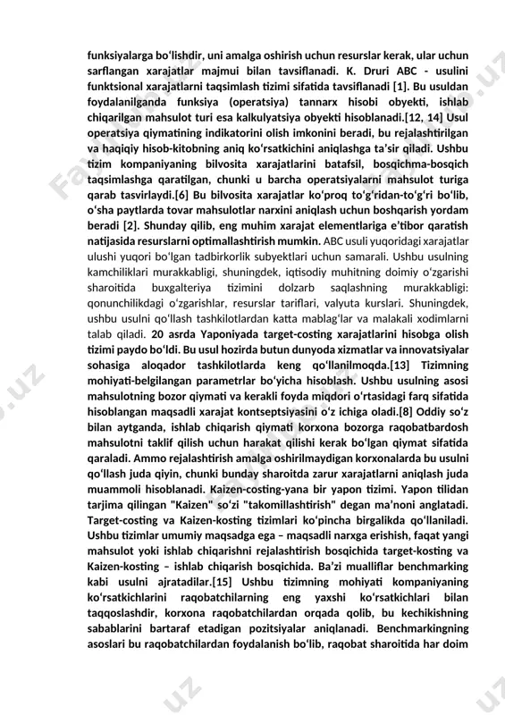 hiqarilgan mahsulot narxining pastki chegarasini ham aniqlash mumkin. bu usulning kamchiligi xarajatlarni konstanta va oʻzgaruvchilarga guruhlashning notoʻgʻriligi va qiyinligi hamda umumiy xarajatlarni hisoblashning kamligidir. standard-costing tizimi tashkilotda qabul qilingan meʼyorlarga muvofiq standart xarajatlarni aniqlashga asoslangan. shu bilan birga, ushbu normalar nafaqat hisobot davri boshlanishidan oldin, balki davomida ham oʻzgartirilishi mumkin. bu usuldan foydalanilganda alohida xarajat moddalarining moliyaviy natijaga taʼsirini hamda ularning standartlardan chetga chiqishini aniqlash mumkin. ushbu usulning kamchiliklari-sarf-xarajatlar standartlarini hisoblash va belgilash boʻyicha tavsiyalarning yoʻqligi, shuningdek, resurs narxlarining bogʻliq boʻlgan tashqi muhit va inflyatsiya oʻzgarishiga bogʻliqligi. bundan tashqari, hisob-kitoblarning murakkabligi ham bu yerda mavjud.[10] xorijiy amaliyotida ushbu ikki usulning analoglari bor, masalan, xarajatlarni hisobga olishning jarayonli va tartibga solish normativ(me’yoriy) usullari.[9] eʼtibor bering, mamlakatimizda korxonalar koʻpincha ushbu tizimlarning ayrim elementlaridan foydalanadilar. korxonani barqaror rivojlantirish konsepsiyasi doirasida optimallashtirish tamoyillaridan biri hisoblanadi. shunday qilib, ushbu prinsipga mos keladigan xarajatlarni hisobga olish va xarajatlarni hisoblash usullarini aniqlash kerak [5]. xarajatlarni optimallashtirish boʻyicha …