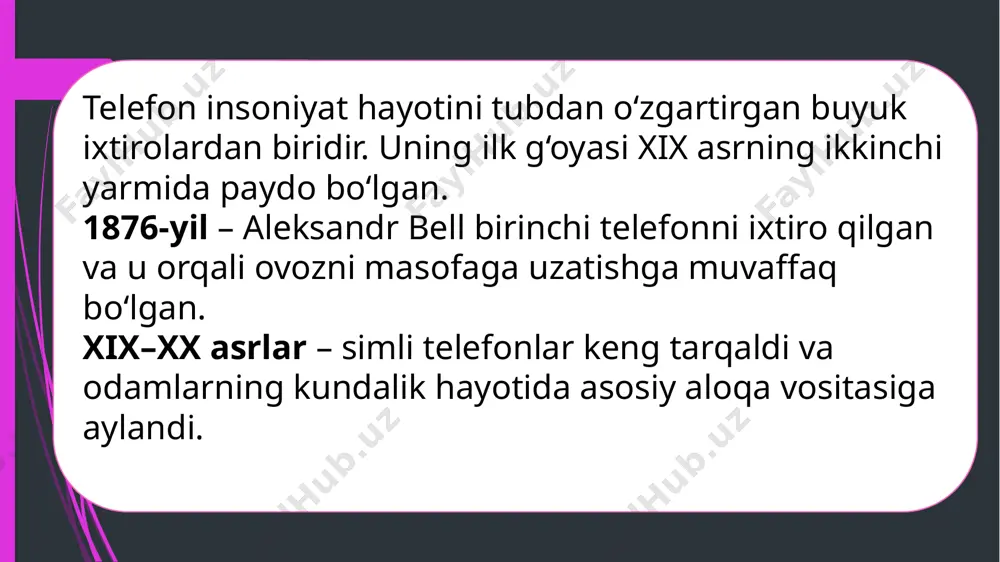 lantirmoqda. telefon — insoniyat hayotini tubdan o‘zgartirgan buyuk ixtirolardan biridir. u dastlab oddiy ovozli muloqotni ta’minlash uchun yaratilgan bo‘lsa-da, bugungi kunda jamiyatning deyarli barcha sohalarida muhim vositaga aylangan. telefonning rivojlanish jarayoni — ilm-fan va texnologiyaning yuksak darajada taraqqiy etib borayotganini yaqqol ko‘rsatadi. avvallari telefon faqat aloqa uchun xizmat qilgan bo‘lsa, hozirgi smartfonlar inson hayotining ajralmas qismi, hatto kichik kompyuter darajasiga yetdi. ular orqali dunyoning istalgan nuqtasidagi inson bilan muloqot qilish, ma’lumot almashish, internet orqali o‘qish va ishlash, onlayn to‘lovlar amalga oshirish, surat va videolar olish, hatto sog‘liqni nazorat qilish mumkin. bu jarayon telefonni nafaqat aloqa vositasi, balki kundalik hayotning muhim texnologik markaziga aylantirdi. hozirgi kunda dunyo bozorida turli telefon brendlari o‘zaro raqobat qilmoqda. apple, samsung, xiaomi, huawei, oppo, vivo, oneplus kabi kompaniyalar nafaqat texnik jihatdan, balki dizayn, xavfsizlik va qulaylik bo‘yicha ham yangiliklar yaratishga intilmoqda. ayniqsa, sun’iy intellekt, 5g texnologiyasi, yuqori sifatli kamera va kuchli protsessorlar zamonaviy smartfonlarning asosiy ustunliklariga …