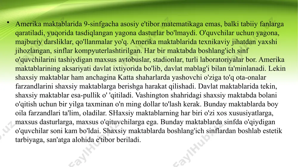 ing uchun dam olishga imkoniyat bor. boshlang'ich maktabda dars 40 minut davom etadi. o'rta maktabda esa darslar 45 minut. oliy maktabda darsning davomiyligi 50 minutga teng. bu yerda ikki muhim jihatga to'xtalib o'tish zarur. oliy maktabga, albatta, kirish imtihonlari topshirib kiriladi, o'qishlar pullik. boshlang'ich maktabda 9 ta fan o'qitiladi. koreys tilini o'rganishga alohida e'tibor beriladi. bundan tashqari arifmetika, ayrim ijtimoiy fanlar ham o'qitiladi. o'rta maktabda fanlar yana 4 taga ko'paytirilgan. 7- sinfdan boshlab chet tillar o'rgatiladi. mamlakatda ingliz tiliga e'tibor kuchli. ko'pchilik bu tilda bemalol gaplasha oladi. chet tillarni o'qitishga haftasiga 4-5 soat ajratilgan. koreyslar yana bir tilni klassik xitoy tilini majburiy ravishda o'rganadilar. 8-sinfdan boshlab xitoy tarixi o'rganiladi. hunar maktablari koreyada 600 tani tashkil etadi. bu maktablarning 45 foizi bo'lajak mulkdorlarni tayyorlaydi, 23 foizida texnik kasb egalari yetishib chiqadi. qolgan maktablarda dengizchilik, qishloq xo'jalik ixtisoslari o'zlashtiriladi. shunisi diqqatga sazovorki, bu maktablarga korxonalar otaliq qiladilar. ta'lim haqidagi qonun talablaridan biri …