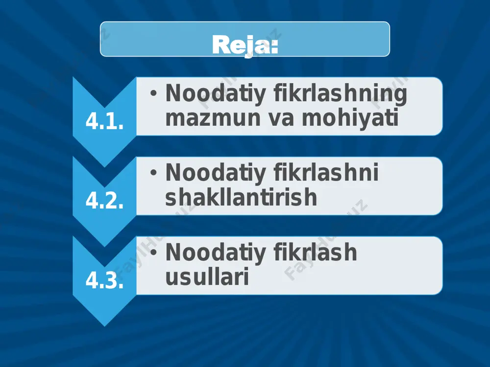 topish imkoniyati; − noodatiy qarorlarni o’ylab topish qobiliyati. xo’sh, nima uchun biz noodatiy tafakkurni shakllantirishimiz zarur? buning sabablarini sanab o’tishimiz mumkin: • − siz tanlagan har bir ishda muvaffaqiyatga erishish; • − hayotingiz yorqin, qiziqarli va baxtga yo’g’rilgan bo’lishi; • − ko’pchilik topa olmagan ixtiyoriy mushkul vaziyatdan chiqish yo’lini topa olish; • − doimo hazil-mutoyiba qilish va doim ko’tarinki kayfiyatda yurish imkoniga ega bo’lish; • − osongina millioner bo’lish, mayli, hech bo’lmasa, shunchaki, boy bo’lish; • − yaqin do’stlar qurshovida bo’lish (xuddi shunday noodatiy tafakkur bilan). edvard de bono ijodiy va kontseptual fikrlash bo'yicha dunyoga mashhur mutaxassis , dunyoning 35 tiliga tarjima qilingan 64 ta kitob muallifi, psixologiya fanlari doktori, oksford universitetining “fikrlashni o'rganish” markazi rahbari edvard de bono (1933-2021) bu usulida fikrlash olti xil rejimga bo‘linadi, ularning har biri o‘z rangidagi shlyapa bilan ifodalanadi. “six thinking hats” adabiyotlar: 1.https://uz.warbletoncouncil.org/heuritica-1612 2. i.s. xotamov, m.k.olimov,g.r. madrahimova, i.s. foziljonov “kreativ fikrlash” o’quv …
