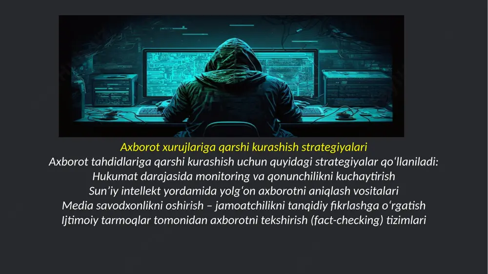 itc.uz 4. digital uzbekistan – 2030 strategiyasi. raqamli savodxonlik bo‘yicha dastur materiallari. 5. allcott, h., & gentzkow, m. (2017). social media and fake news in the 2016 election. journal of economic perspectives, 31(2), 211-236. 6. tandoc jr, e. c., lim, z. w., & ling, r. (2018). defining “fake news”: a typology of scholarly definitions. digital journalism, 6(2), 137-153. 7. o‘tkir, d. (2022). axborot xavfsizligi va zamonaviy tahdidlar. toshkent: o‘zbekiston milliy universiteti nashri. image1.jpeg image2.jpeg