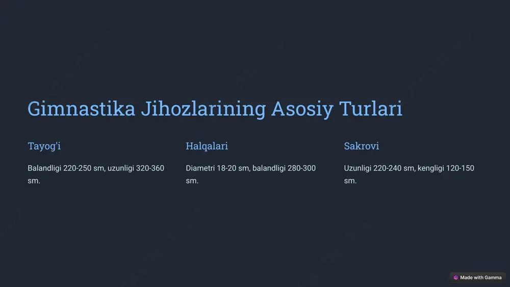 aydi, ammo mashq turiga qarab turli o'lchamlarda bo'lishi mumkin. qalinligi arqonlarning diametri 1.5 sm atrofida bo'ladi, biroq u ham turli mashqlarga qarab o'zgarishi mumkin. 9 gymnastic parallel bars balandligi 160-170 sm uzunligi 400-450 sm oralig'i 40-50 sm 10 parallel cho'llar konstruksiyasi parallel cho'llar metaldan tayyorlangan bo'lib, ikkita parallel o'rnatilgan cho'llardan iborat. balandligi standart balandligi 2 metr atrofida bo'ladi, biroq turli mashqlar uchun o'lchamlari o'zgartirilishi mumkin. oraliq masofa cho'llar orasidagi oraliq 40-60 sm atrofida bo'lishi kerak. 11 gimnastika halqalari diametri 18-20 sm balandligi 280-300 sm materiallar kulrang plastik va metall 12 gimnastika sakrovi 1 uzunligi 220-240 sm 2 kengligi 120-150 sm 3 balandligi erkaklar uchun - 125 sm, ayollar uchun - 115 sm 13 gimnastika jihozlari yog'och to'shama gimnastika uchun maxsus maxsus yog'och to'shamalar ishlatiladi. ularning qalinligi 15-20 mm atrofida bo'ladi. gimnastika halqalari turli o'lchami va rangdagi gimnastika halqalari mashqlar uchun ishlatiladi. gimnastika shakllari turli shakl va o'lchamdagi gimnastika shakllari mashqlar …