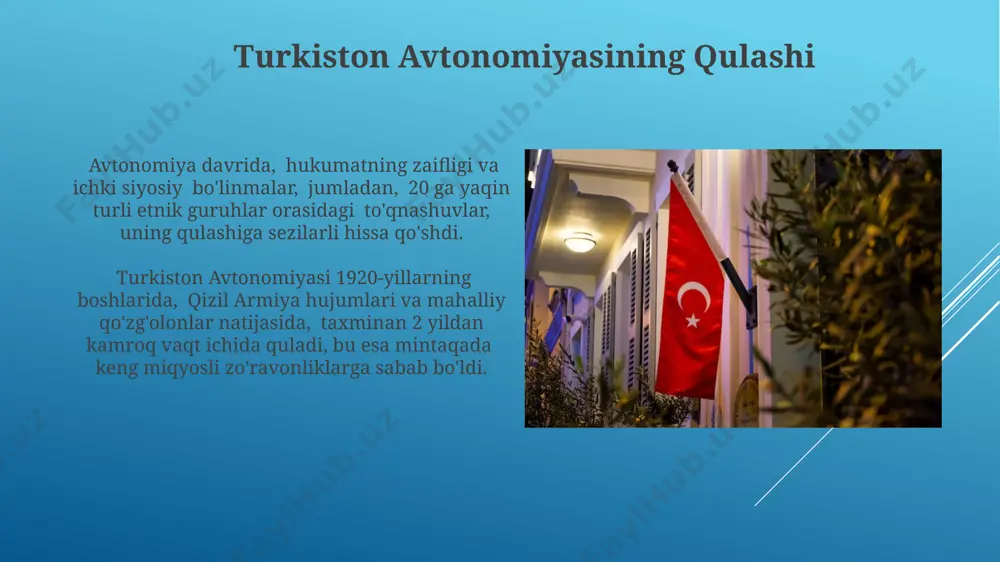 i yo'nalishlari va ularning avtonomiya g'oyasiga munosabati muhim o'rin egallagan. bahslarda turkistonning geografik chegaralari, ma'muriy tuzilmasi va avtonomiyaning huquqiy asoslari kabi 3 ta asosiy masala atrofida qizg'in tortishuvlar bo'lib o'tgan. iqtisodiyot va ijtimoiy hayot savdo aylanmasi hajmi 1920-yillarda 20% ga o‘sgan, bu esa ijtimoiy-iqtisodiy taraqqiyotni aks ettiradi va temir yo'l tarmog'ining rivojlanishi bilan bog'liq. turkiston avtonomiyasi davrida paxta yetishtirish hajmi 30% ga oshgan bo‘lib, bu iqtisodiyotning asosiy tarkibiy qismlaridan biri hisoblangan. avtonomiya g'oyasi va uning ildizlari jadidchilik harakati va mahalliy ziyolilar turkiston avtonomiyasi g'oyasini qo'llab-quvvatlab, 3 ta asosiy tamoyil: diniy erkinlik, milliy madaniyat va o'z-o'zini boshqarishni targ'ib qilishdi. turkiston avtonomiyasi g'oyasining ildizlari, turkiy xalqlarning tarixiy hududlarida mustaqillik va o'z-o'zini boshqarish tamoyillariga bo'lgan intilishlariga borib taqaladi, bu esa taxminan 100 yildan ortiq davom etgan. turkiston avtonom sovet sotsialistik respublikasining e'lon qilinishi respublika tarkibiga hozirgi qozog'iston, qirg'iziston, o'zbekiston va tojikiston hududlarining bir qismi kirgan. bu hududlarda 50 dan ortiq xalq yashayotgan edi. …