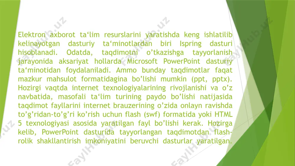 aqat ruxsat etilgan domenlardagina «aylantirilishi»; video qo’shish va uni animatsiyalar bilan sinxronlashtirish; elektron test(nazorat)larini yaratish va natijalarini elektron pochtaga yoki masofaviy o’qitish tizimiga (lms) uzatib berish imkoniyatini beradigan interaktiv matnlar yaratish uchun vosita o’rnatilgan (quiz tugmachasi); masofaviy o’qitish tizimida foydalanish uchun scormg‘aicc — mos keluvchi kurslarini yaratish; taqdimot dastur darajasida aylantirish uchun actionscript api; videotasvirni yozish va uni taqdimot bilan sinxronlashtirish; youtube‘ga joylashtirilgan roliklarni taqdimot tarkibiga kiritish imkoniyati. eat resurslari ichida kiruvchi ma‘lumotnomalar va lug’atlarni yaratish uchun ispring kinetics dasturini keltirish mumkin. ispring kineticsning quyidagi asosiy imkoniyatlari mavjud: biror-bir fan bo’yicha elektron ko’rinishdagi qulay bo’lgan glossariy, ma‘lumotnoma yoki lug’at yaratish; vaqt shkalasini yaratish; 3 o’lchovli kitob yaratish; faq yaratish mumkin. eat resurslari ichida kiruvchi elektron nazorat turlarini yaratish uchun ispring quizmaker dasturini keltirish mumkin. ispring quizmaker quyidagi asosiy imkoniyatlari mavjud: tarmoqlangan testlar yaratish imkoniyati (adaptatsiyalash tirilgan testlarni yaratish) imkoniyati; ikki, uch, to’rt yoki besh javobli yopiq test topshiriqlari, ulardan biri …