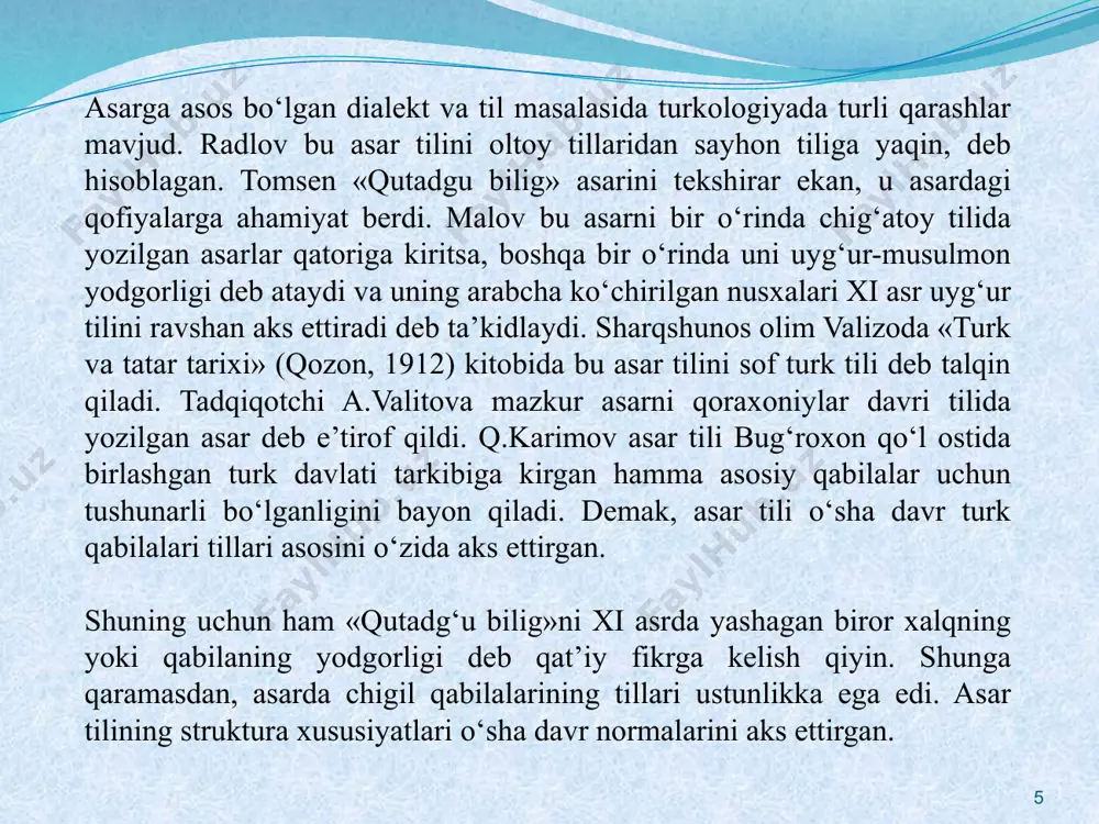 professor s.mutallibov tomonidan e’lon qilingan edi. 11 qayd etilgan nashrning 2006-yildagi turkcha, anqarada nashr etilgan b.atalay hamda 2010-yildagi ruscha, ya’ni moskvada chop qilingan a.rustamov tarjimalari bilan solishtirilib keng kitobxonlarga 2016-yilda ikkinchi bor taqdim etilishi katta ahamiyatga molikdir. arab tili ilm-fan tiliga aylanib ulgurgan bir paytda barcha turkiy xalqlar uchun birdek qimmatli bo‘lgan ushbu nodir manbada 7688 ta turkiy so‘zning arabcha izohlab berilishi, shuningdek, buxorolik olim tilidan “turk tilini o‘rganing, chunki ularning hukmronligi uzoq davom etadi” degan hadisning keltirilishi o‘sha davrda turkiy qabilalar nufuzi ortib borayotganligidan dalolatdir. qolaversa, mahmud koshg‘ariyning “a” ni “ha” tarzda talaffuz qiluvchi qabila- ga mansubligi uning qaysi qabiladan ekanligini aniq ifodalamasa-da, mazkur qabilaning turkiylar orasida katta mavqega egaligidan guvohlik beradi. 12 muqaddima va 8 bo‘limdan iborat asarda turkiy tillar fonetikasi, nutq tovushlarining qo‘llanilishi, talaffuzi, fonema va harf tushunchalarining farqlanishi, boshqa tilga oid undosh tovushlar, tovush almashishi, yozuv islohotlari, so‘z ma’nolari, so‘z yasalishi, grammatika, dialektologiya bilan bog‘liq lingvistik …
