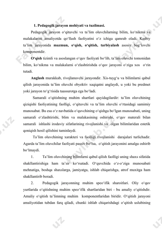 tlaridan biridir. о‘qitish jarayoni amaliyotidan tubdan farq qiladi, chunki ishlab chiqarishdagi о‘qitish uslubining asosiy maqsadi ta’lim oluvchining mahlum bir kasbga yо‘naltirish va shakllantirishdan iborat. о‘quvchi va ta’lim olituvchi orasidagi о‘zaro birligi va aloqadorligi haqida gapirilganda boshqaruvchi va о‘rgatuvchi shaxs bu о‘qituvchi ekanligini unutmaslik kerak. faqat о‘qituvchigina ta’lim oluvchiga bilim bera olishi, uni shaxs sifatida shakllantira va u ta’sir kо‘rsata olishi mumkin. lekin о‘qituvchi qanchalik chuqur bilim bermasin, agar о‘quvchi passiv, loqayd, beparvo bо‘lsa unda qiziqish, intilish uyg‘onmaydi, о‘qituvchi va ta’lim oluvchi orasidagi munosabat sovuqligicha qolib, bilim berish jarayoni samarasiz bо‘ladi. о‘qitish sistemada о‘zaro aloqadorlik о‘qitish jarayonini metodlar nuqtai nazaridan kо‘rib chiqish lozim. agar о‘qish jarayoni ta’lim oluvchilarning о‘zlashtirish qobiliyatlarini xisobga olmasdan tashkil etilsa, unday holda о‘qitish jarayoni samarasiz bо‘ladi. о‘qitish jarayonining muhim komponenti beriladigan bilim mazmuni о‘quv dasturi, davlat ta’lim standartida kо‘rsatilgan bо‘lib, uning tarkibini ijtimoiy maqsad, davlat buyurtmasi, pedagogik tizimining aniq maqsadlari belgilaydi. pedagogik jarayonning faqat ta’limning mazmunliligigagina emas, …