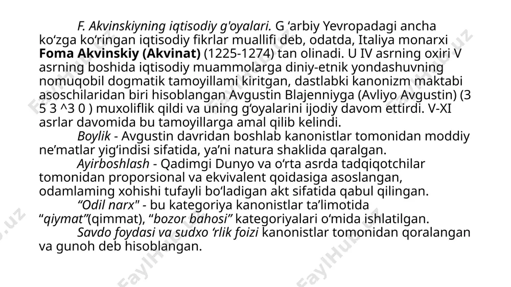 lib kelindi. boylik - avgustin davridan boshlab kanonistlar tomonidan moddiy ne’matlar yig‘indisi sifatida, ya’ni natura shaklida qaralgan. ayirboshlash - qadimgi dunyo va o‘rta asrda tadqiqotchilar tomonidan proporsional va ekvivalent qoidasiga asoslangan, odamlaming xohishi tufayli bo‘ladigan akt sifatida qabul qilingan. “odil narx" - bu kategoriya kanonistlar ta’limotida “qiymat”(qimmat), “bozor bahosi” kategoriyalari o‘mida ishlatilgan. savdo foydasi va sudxo ‘rlik foizi kanonistlar tomonidan qoralangan va gunoh deb hisoblangan. ix-xi asrlarga kelib esa kiev rusi davlatida ilk iqtisodiy fikrlar: mulk, tashqi va ichki savdo, iqtisodiy-ijtimoiy jarayonlami davlat tomonidan tartibga solish qonunlari sifatida keldi. u davming ilk qonuniy kodeksi bo‘lgan “rossiya haqiqati” dastlabki iqtisodiy faoliyatlami tartiblovchi rolini bajardi. xvi asr buyuk iqtisodiy g‘oyachisi, dvoryanlikni fikrlovchisi ivan semenovich peresvetov (tug‘ilish va o‘lish yillari aniq emas) ivan grozniy uchun davlatning iqtisodiy islohotlari dasturini yaratib berdi. 0 ‘z g‘oyalarini “konstantin podshoxi haqida”, “kitoblar haqida” (taxminan 1546-1549) orqali ifodalab, podsholik hukumatining kuchli tomonlarini, davlatni boshqarishda feodal va yuqori martabali …
