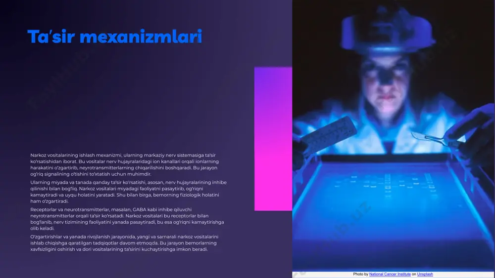 xavfsizligi narkoz vositalarining xavfsizligi, jarrohlik amaliyotlarida bemorlarning salomatligini saqlab qolish uchun muhimdir. ular to'g'ri qo'llanilganda xavfsiz va samarali bo'lishi kerak, shuningdek, mutaxassislar tomonidan nazorat qilinishi zarur. xavfsizlik standartlari: bemor xavfsizligi, dori ta'siri, uskunalar, malakali xodimlar, nazorat. narkoz vositalarini qo'llashda muhim xavfsizlik choralari, bemor holatini kuzatish va zarur holatlarda zudlik bilan aralashuvni o'z ichiga oladi. shuningdek, jarrohlik jarayonida har qanday noxush holatlarni oldini olish uchun tayyorgarlik ko'rish zarur. narkoz vositalarini qo'llashda yuzaga keladigan xavflar allergik reaksiyalar, respirator muammolar va qon bosimining o'zgarishi kabi muammolarni o'z ichiga oladi. o'zbekistonda narkoz vositalarining xavfsizligini ta'minlash bo'yicha qonunlar va me'yorlar davlat tomonidan belgilangan standartlarga muvofiq ishlab chiqilgan bo'lib, malakali mutaxassislar jalb etiladi. photo by national cancer institute on unsplash photo by national cancer institute on unsplash narkoz vositalarini qoʼllanishi jarrohlik amaliyotlarida qoʼllanilishi narkoz vositalari turli jarrohlik amaliyotlarida, jumladan, umumiy va lokal narkozda keng qoʻllaniladi. ular bemorlarni ogʻriqsizlantirish va amaliyot davomida qulaylik yaratish uchun zarurdir. narkoz …