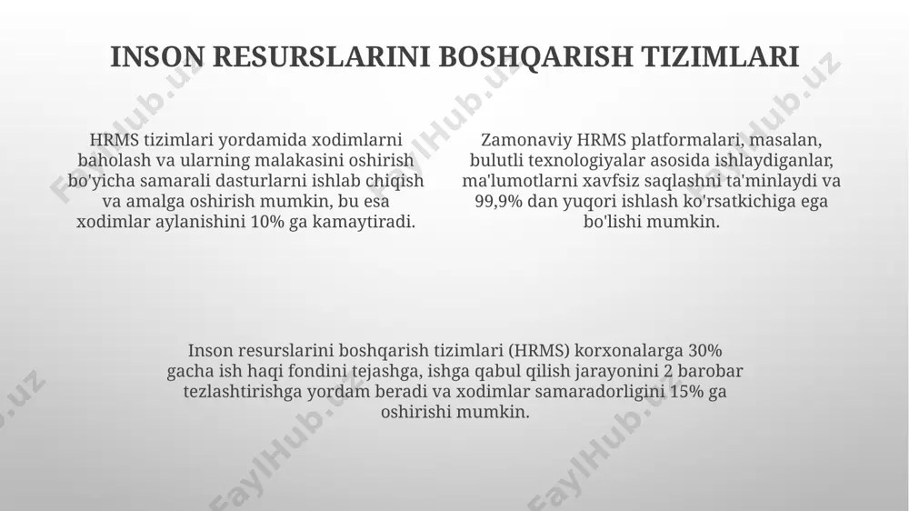 ni kamaytirishga yordam beradi, bu esa rentabellikni sezilarli darajada oshirishga olib keladi. big data texnologiyalari yordamida mijozlarning xatti-harakatlarini tahlil qilish orqali marketing kampaniyalarining samaradorligini 20% ga oshirish mumkin. kiberxavfsizlik va ma'lumotlarni himoya qilish kiberxavfsizlik tizimlari korxonalarning 90% dan ortiq ma'lumotlar buzilishi xavfidan himoya qilishga yordam beradi, bu esa moliyaviy yo'qotishlarni 70% ga kamaytiradi. ma'lumotlarni shifrlash texnologiyalari, masalan, aes-256 algoritmi, noqonuniy kirishdan himoya qilishning ishonchli usuli hisoblanadi va ma'lumotlarning maxfiyligini ta'minlaydi. bulutli texnologiyalar yordamida ma'lumotlarni zaxiralash va tiklash jarayonlari avtomatlashtirilib, rto (recovery time objective) ko'rsatkichini 4 soatdan kamroq vaqtga qisqartirish mumkin. moliyaviy boshqaruv dasturlari kichik va o'rta biznes uchun moliyaviy boshqaruv dasturlari odatda bulutli texnologiyalar asosida ishlaydi, bu esa 500 dan ortiq foydalanuvchilarga bir vaqtning o'zida kirish imkonini beradi va ma'lumotlar xavfsizligini ta'minlaydi. zamonaviy moliyaviy boshqaruv dasturlari prognozlash va byudjetlashtirish funksiyalarini o'z ichiga oladi, bu esa korxonalarga kelajakdagi daromadlarini 20% gacha aniqroq prognoz qilish imkonini beradi va xatarlarni kamaytiradi. moliyaviy boshqaruv …