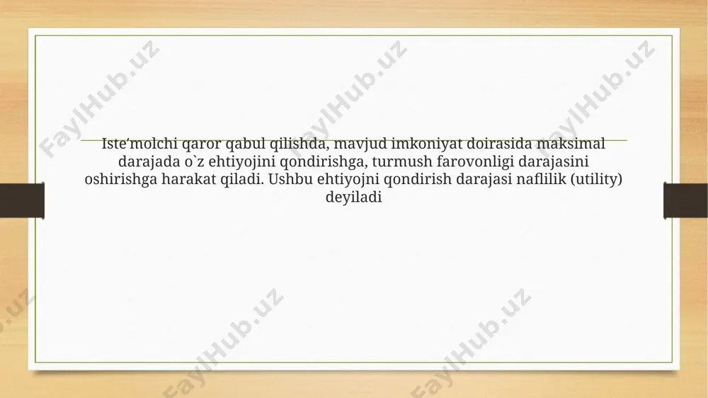 si. ne′matlarning bir-birini o`rnini bosish zonasi deb - bir ne′matni ikkinchi ne′mat bilan samarali almashtirish mumkin bo`lgan oraliqga aytiladi byudjet chizig`i tovarlar narxiga va iste′molchining daromadiga asoslanadi va u mavjud pul mablag`lari chegarasida iste′mol uchun qanday tovarlar majmuasini xarid qilish mumkinligini ko`rsatadi. iste′molchi tanlovida uning afzal ko`rishi befarqlik egri chizig`i orqali ifodalansa, daromadi va ne′matlar narxidagi o`zgarishlarga munosabatini byudjet chizig`i vositasida aks ettirish mumkin iste′molchi tanlovini befarqlik egri chizig` va cheklangan byudjet chizig`i orqali ifodalanishi iste′molchining tanlov sohasi iste′molchining muvozanat holati e‘tiboringiz uchun rahmat image5.png image6.png image7.tmp image8.tmp image9.tmp image10.tmp image11.tmp image12.tmp image13.tmp image14.tmp image15.tmp image16.tmp image17.tmp image3.png image4.png /docprops/thumbnail.jpeg