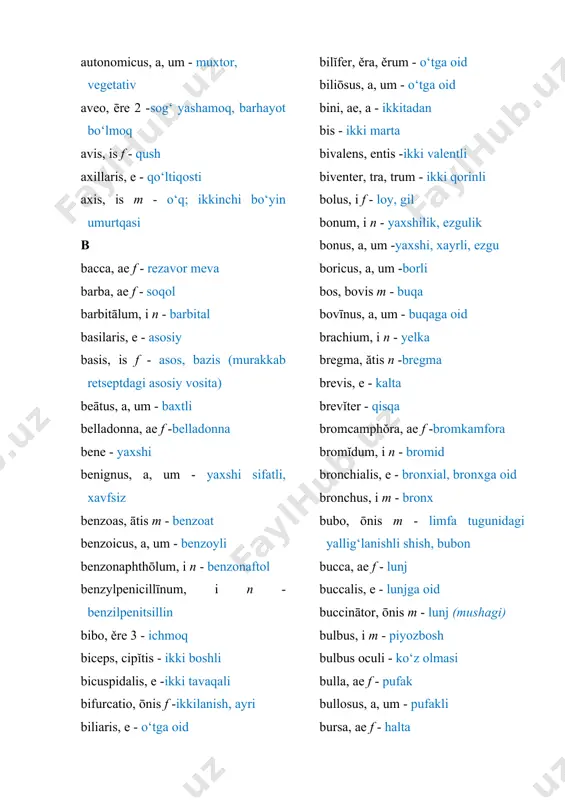 nidan chaqirilgan calcŭlus, i m - toshcha callōsus, a, um - qadoqli calor, ōris m - issiq; tanadagi yuqori harorat calvaria, ae f - kalla gumbazi calx, calcis f - tovon calyx, о‘cis m - kosacha caměra, ae f -kamera camphŏra, ae f - kamfora canalicŭlus, i m - naycha, kanalcha canālis, is m - nay, kanal cancer, cri m -xavfli o‘sma, rak candĭdus, a, um - qordek oppoq canīnus, a, um - itga oid; dens canīnus - qoziq tish canis, is m, f - it cantus, us m - kuy, qo‘shiq capillaris, e - qil tomirga oid, kapillar capitātus, a, um - boshchali capitŭlum, i n - boshcha capsŭla, ae f - g‘ilof, kapsula (anat., dori shakli) caput, ĭtis n - bosh carbo, ōnis m - ko‘mir carbōnas, ātis m - karbonat carcinōma, ătis n - saraton carcinomatōsus, a, um - saratonga oid cardiăcus, a, um - yurakka oid …